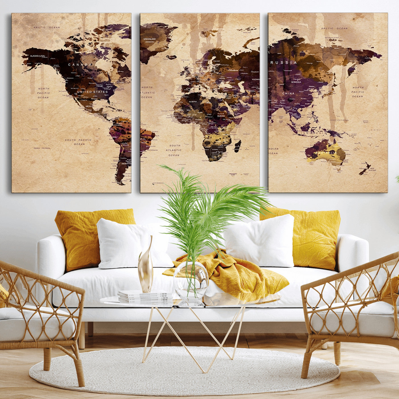 -Vintage World Map Canvas Wall Art – Framed Push Pin Travel Map for Home and Office Decor