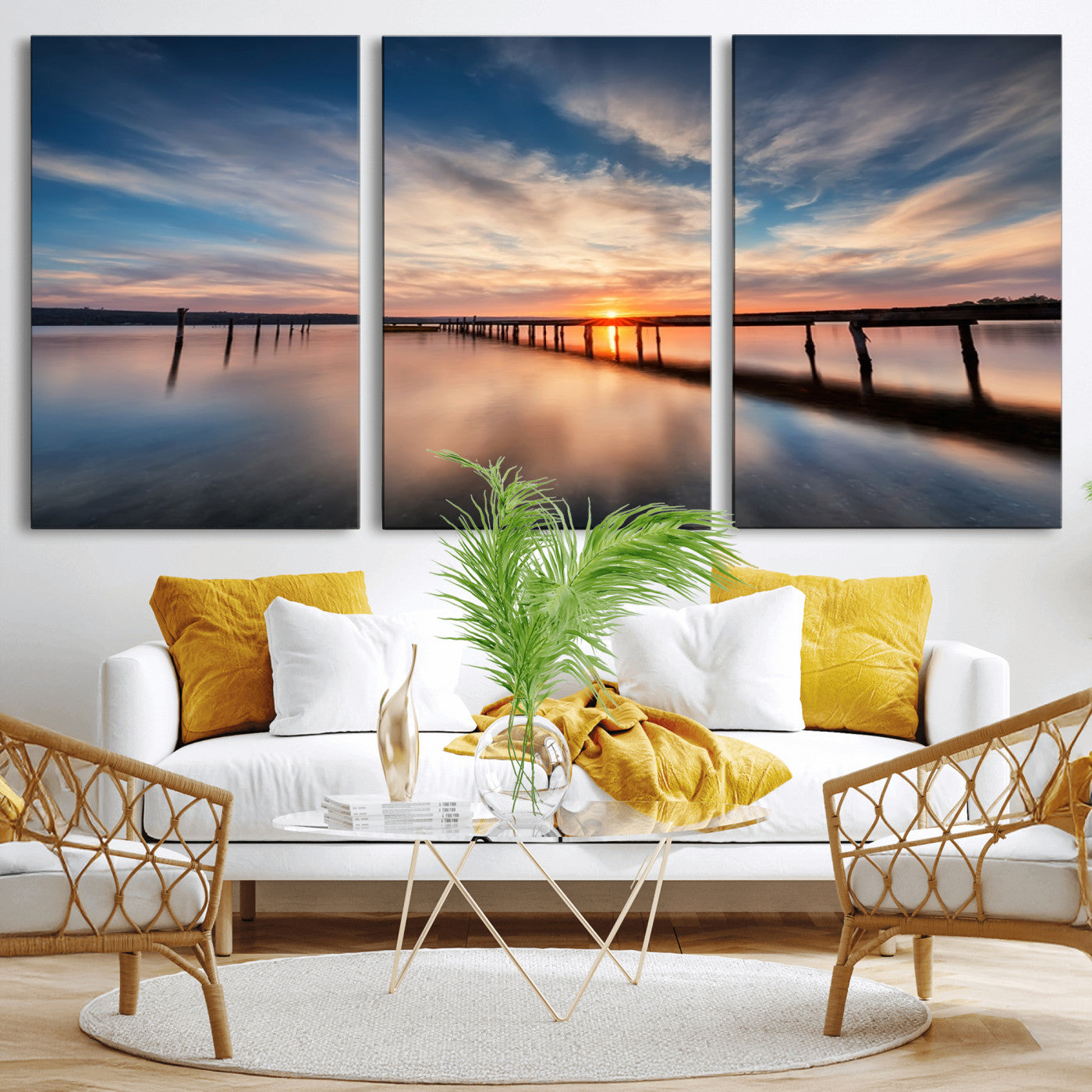 39967-MGV-CV-36X24-Wooden Pier on Seascape and Sunset Wall Art Canvas Print