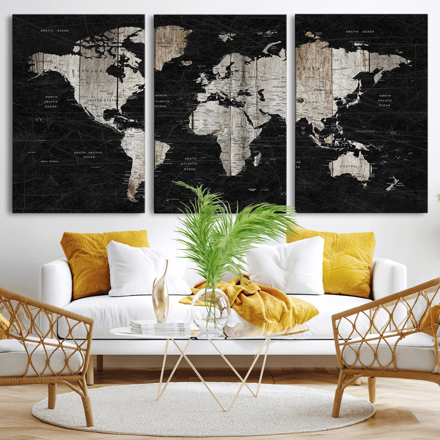 89998-MGV-CV-36X24-Rustic Black and Wood World Map Canvas Wall Art – Framed Push Pin Travel Map for Home and Office Decor, Modern Vintage Wall Artwork