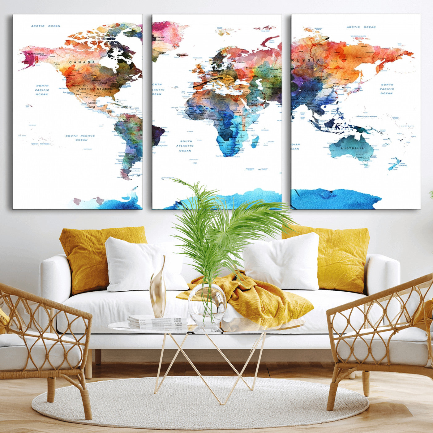 11576-MGV-CV-36X24-Vibrant Watercolor World Map Canvas Wall Art – Framed Push Pin Travel Map for Home and Office Decor, Modern Colorful Wall Artwork