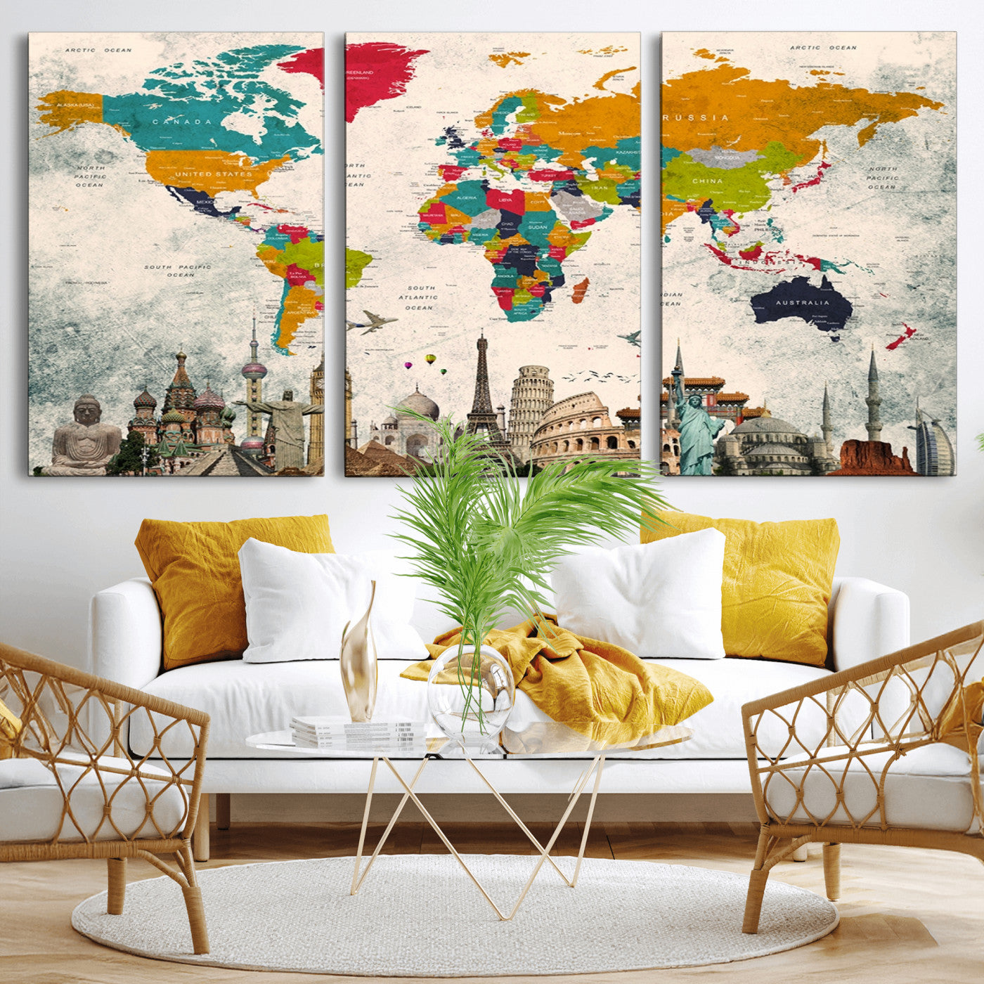 -Colorful World Map Canvas Wall Art with Landmarks – Framed Travel Map Print for Home and Office Decor, Perfect Gift for Travel Lovers