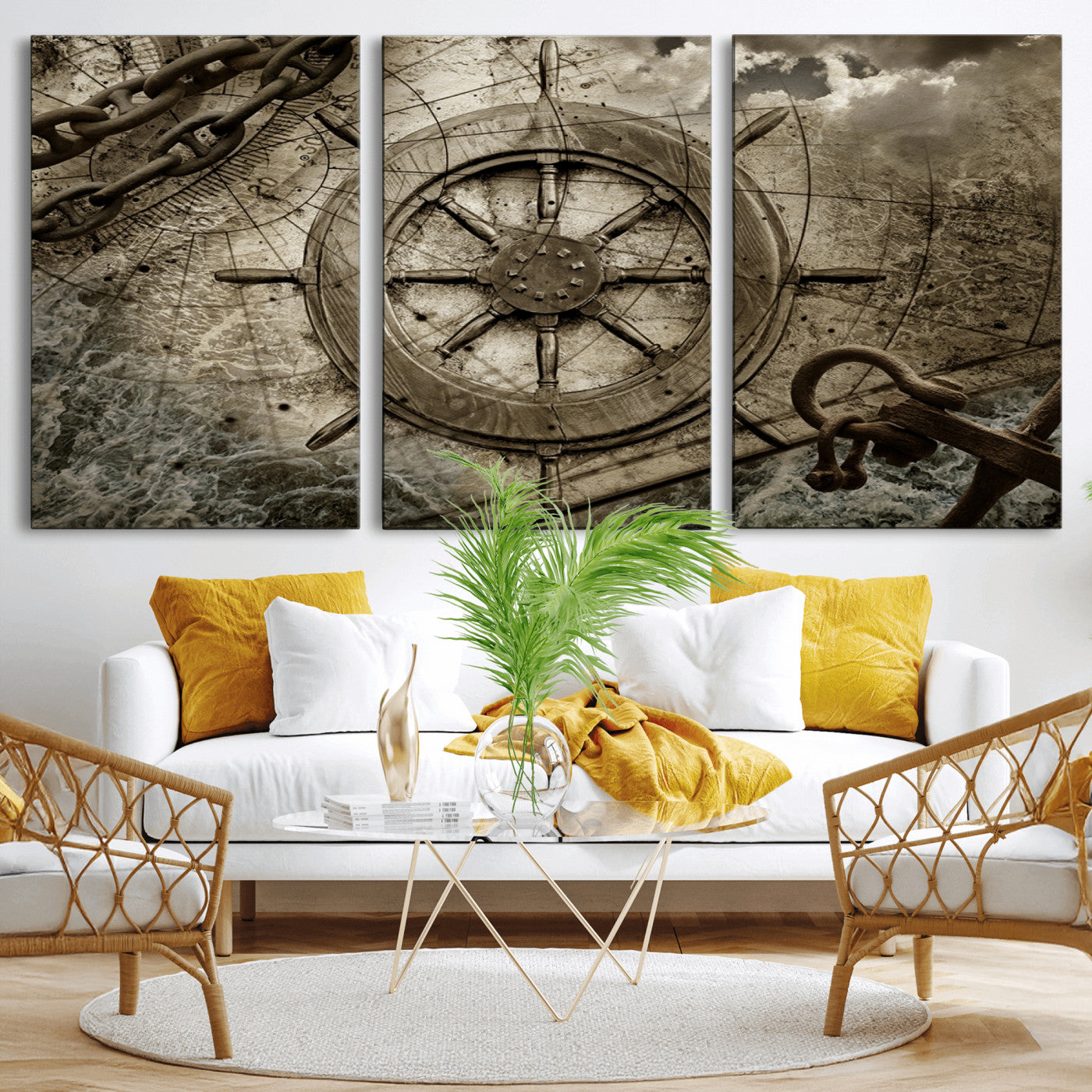 -Wooden Ship Wheel Canvas Print, Multi Panel Canvas Wall Art Print