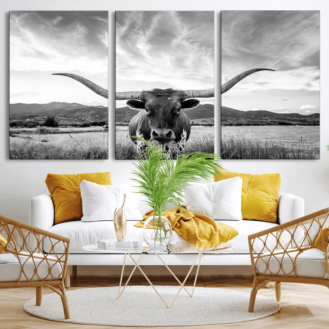 79527-MGV-CV-36X24-Longhorn Black and White Wall Art – Rustic Western Bull Canvas Print, Farmhouse Country Decor for Living Room, Office or Ranch, Cowboy Wall Artwork