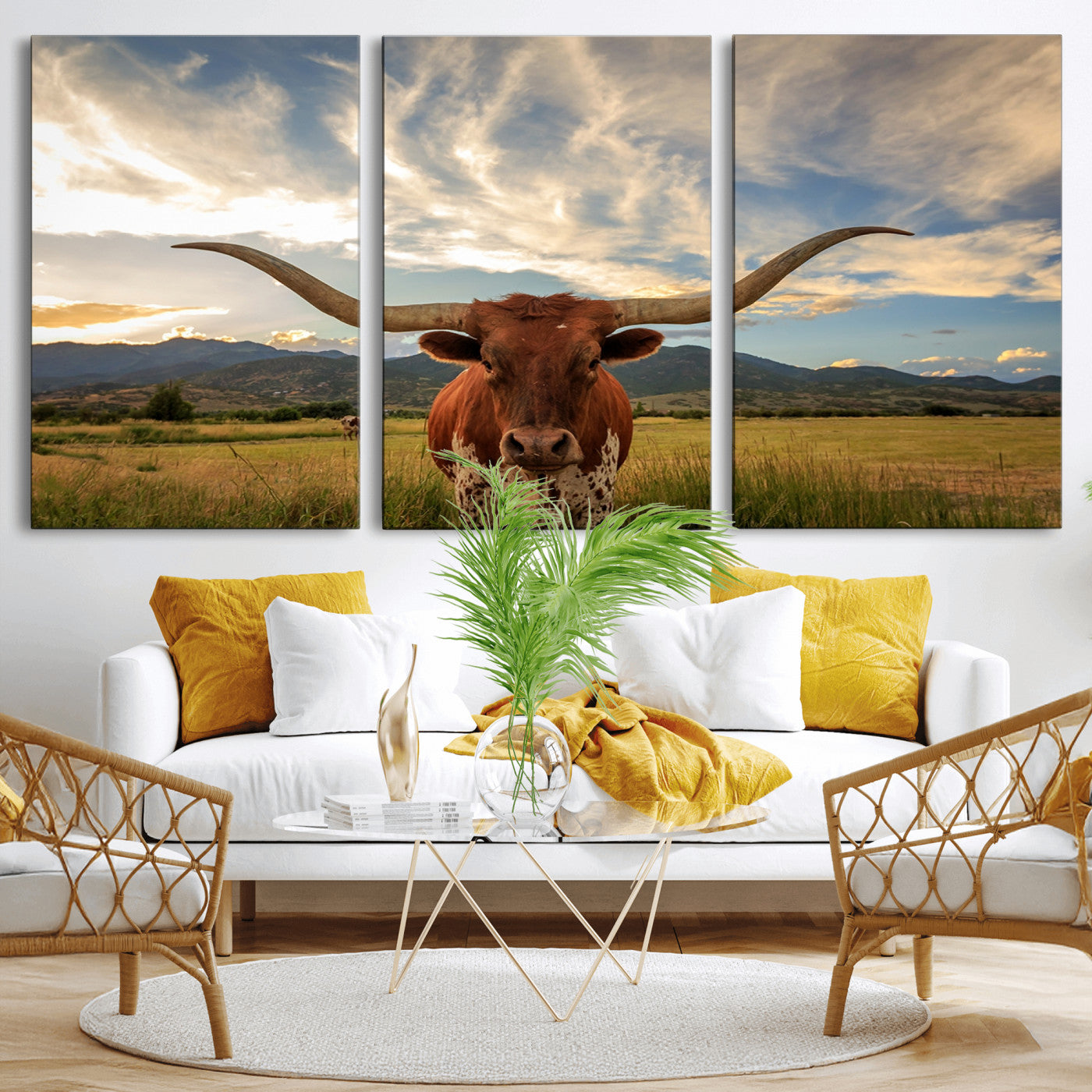 55416-MGV-CV-36X24-Texas Longhorn Canvas Wall Art – Majestic Triptych Animal Print – Rustic Western Decor for Living
