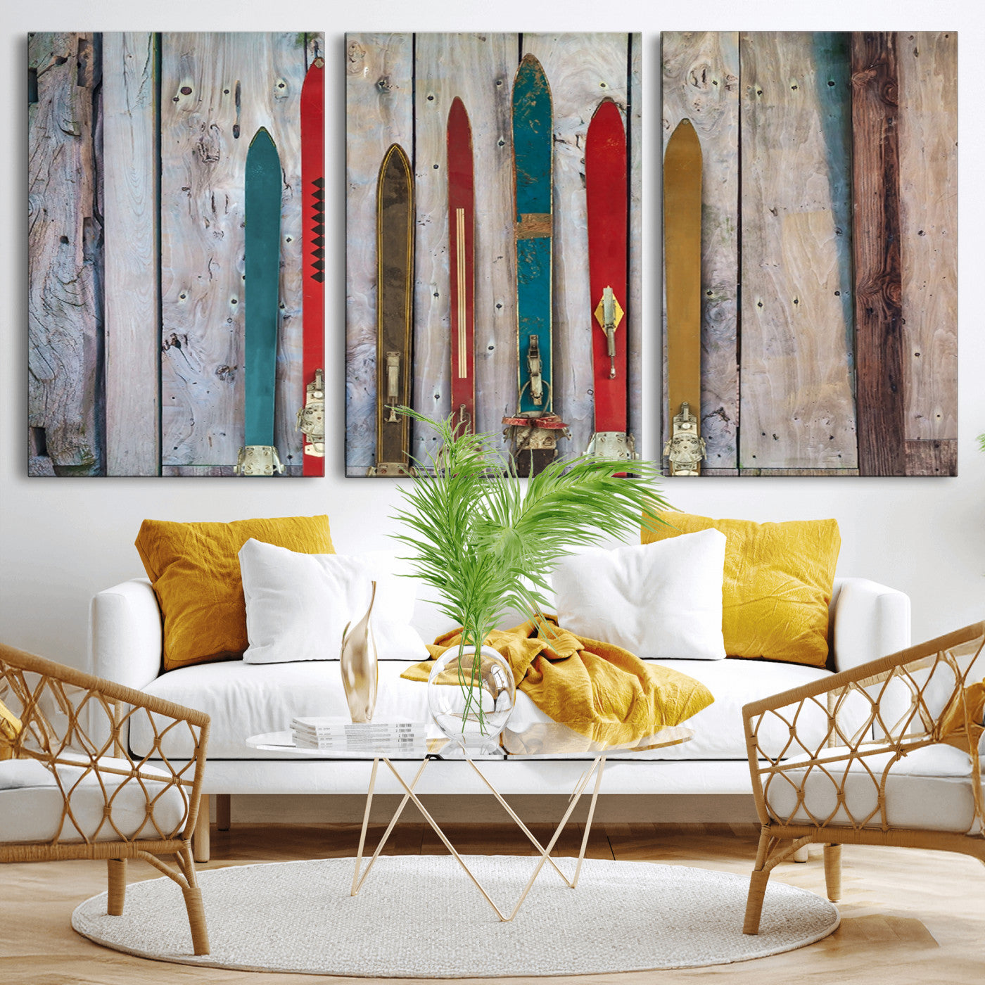 -Vintage Wooden Weathered Ski's in Front of an Old Barn Wall Art Canvas Print for Farmhouse, Cabin