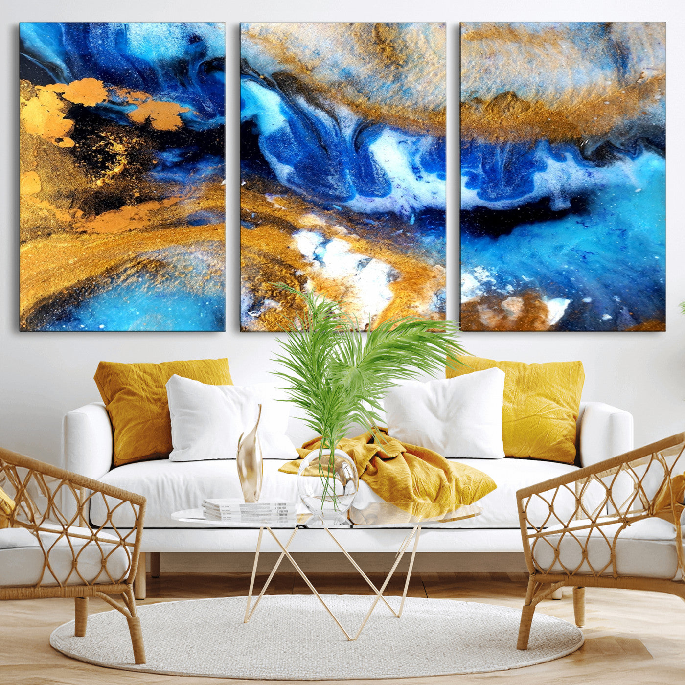 42100-MGV-CV-36X24-Blue Orange Marble Fluid Effect Canvas Wall Art Print