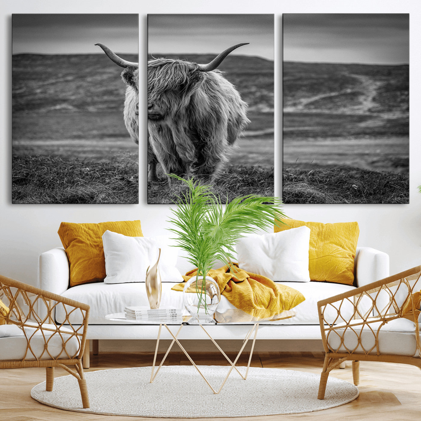 -Fluffy Cattle Wall Art Print, Highland Cow Canvas, Framed Black and white Wall Art