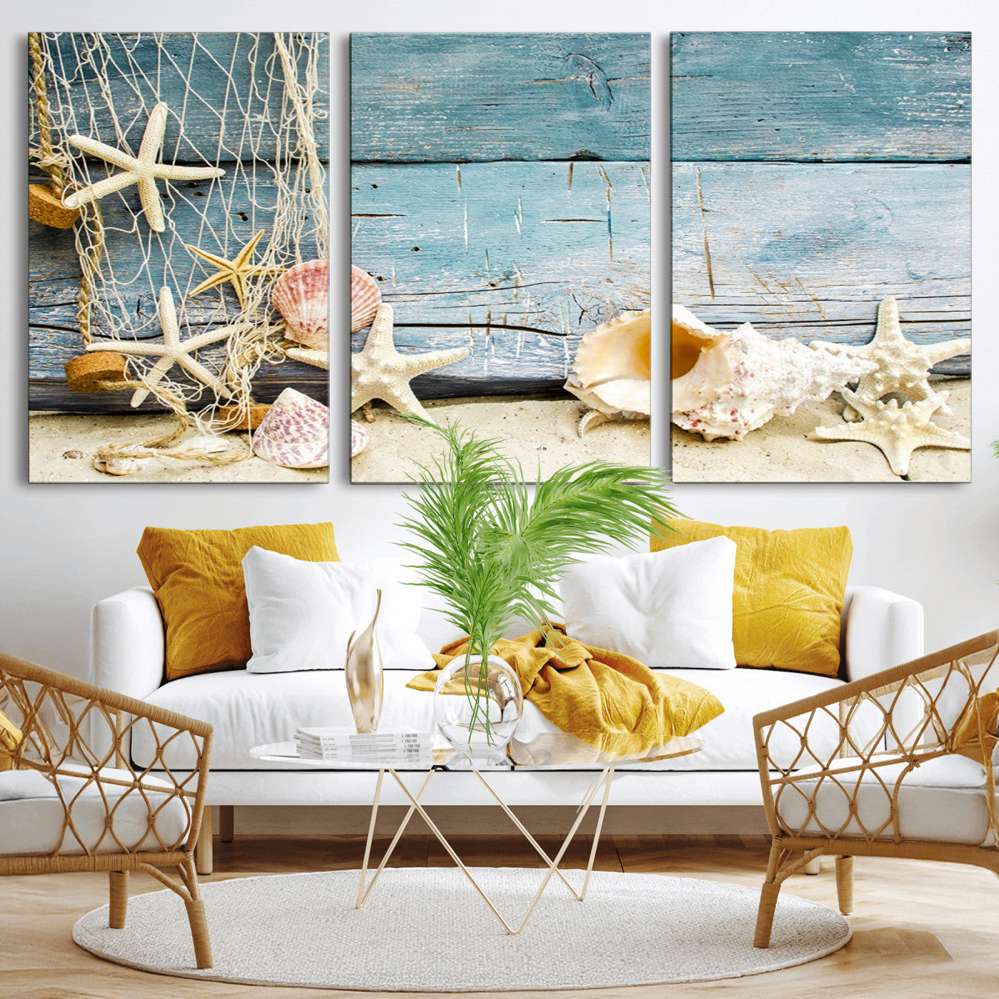 -Seashells on Rustic Wooden Background, Seashells Wall Art Canvas Print
