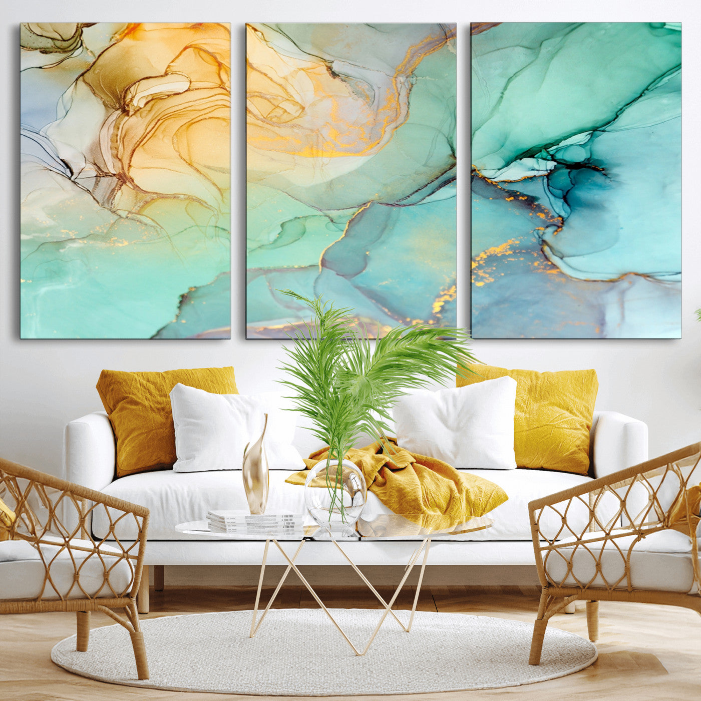 84233-MGV-CV-36X24-Abstract Aqua and Gold Fluid Wall Art Canvas | 3 Panel Large Canvas Print for Living Room, Office,