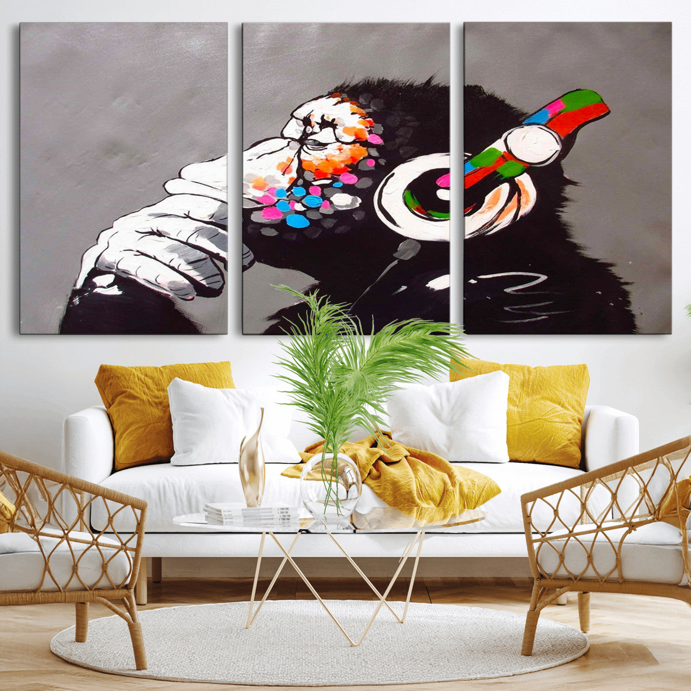 56887-MGV-CV-36X24-Dj Monkey Listening to Music Wall Art Print | Banksy Monkey Large Canvas Print for Living Room,