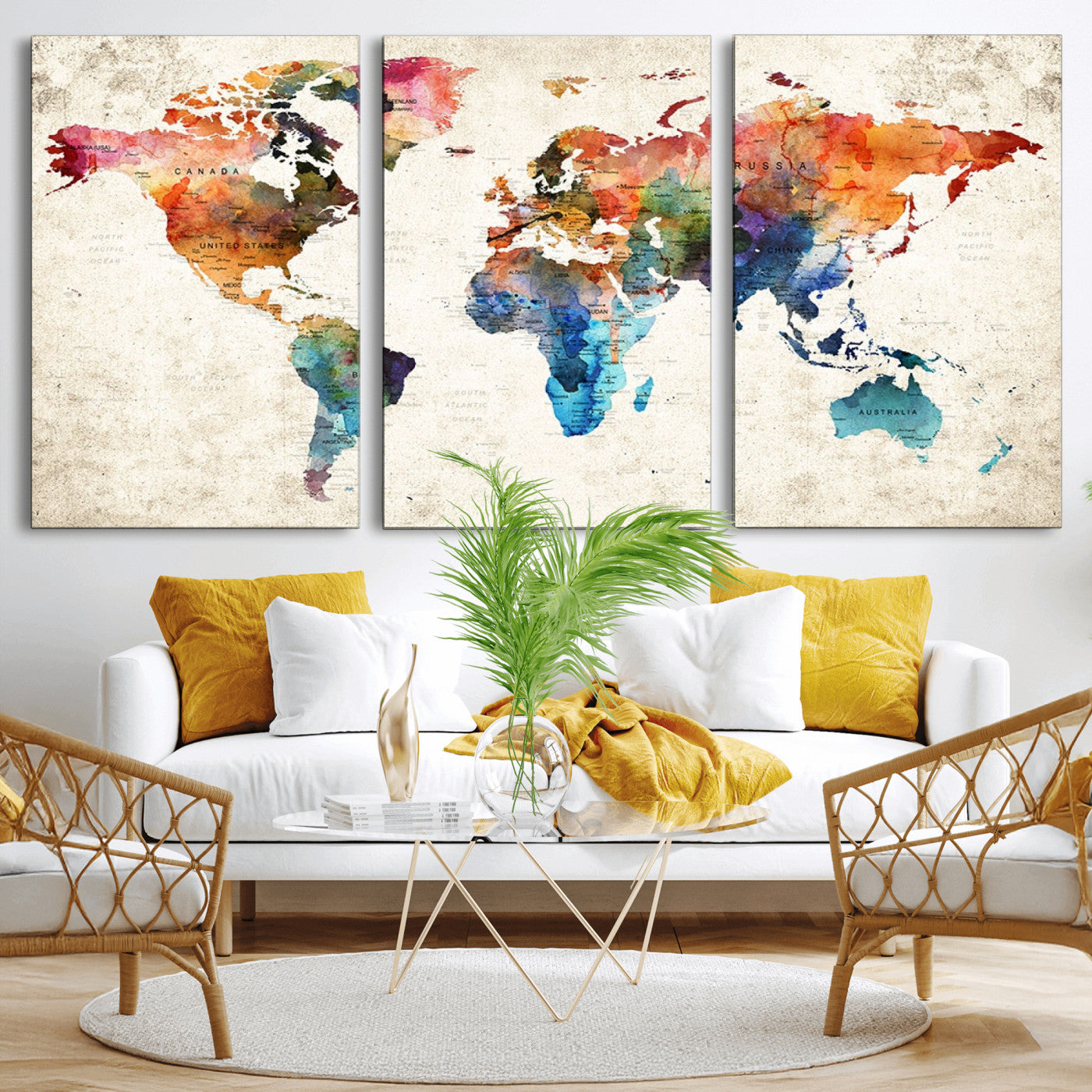 -Colorful Watercolor World Map Canvas Wall Art – Framed Push Pin Travel Map for Home and Office Decor, Artistic Modern Wall Artwork