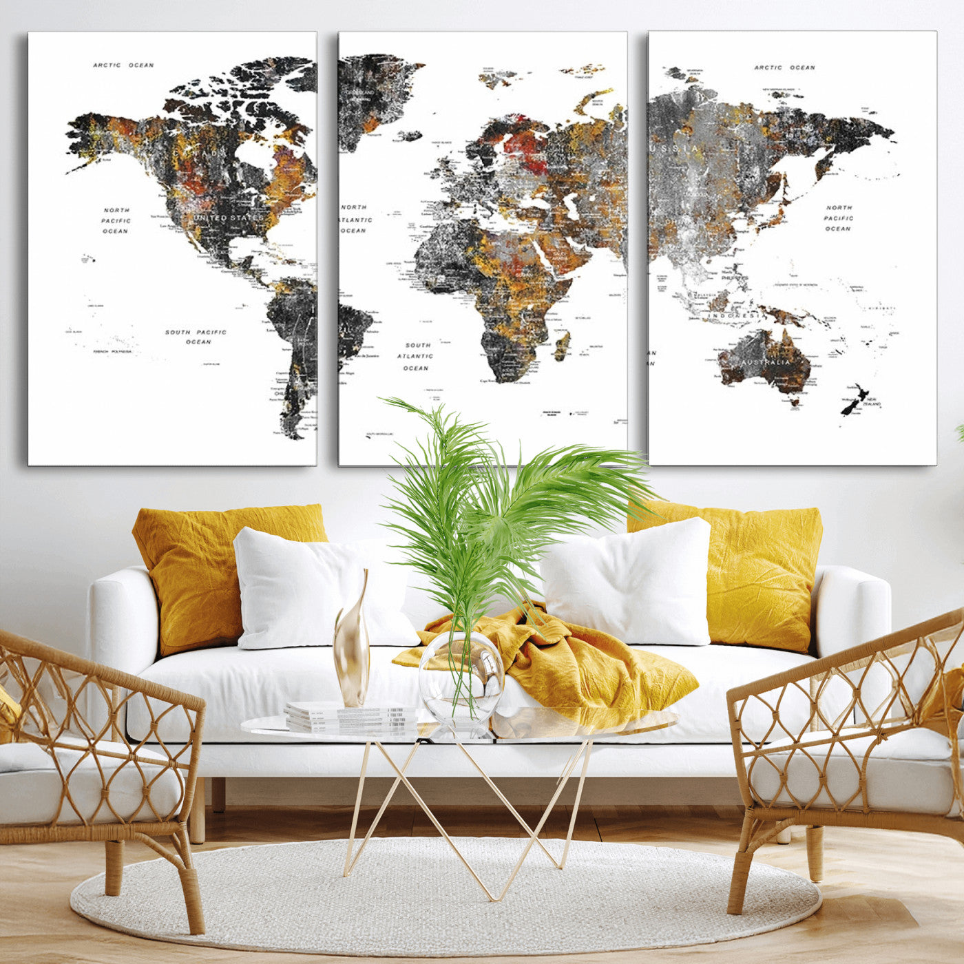 -Modern Metallic World Map Canvas Wall Art – Framed Contemporary World Map Print, Stylish Travel Inspired Decor for Home and Office Walls