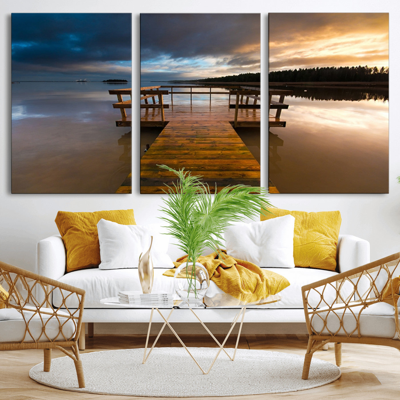 -Serene Lake Pier at Sunset Canvas Print | Landscape Canvas Print | Ready to Hang and Framed Wall Art