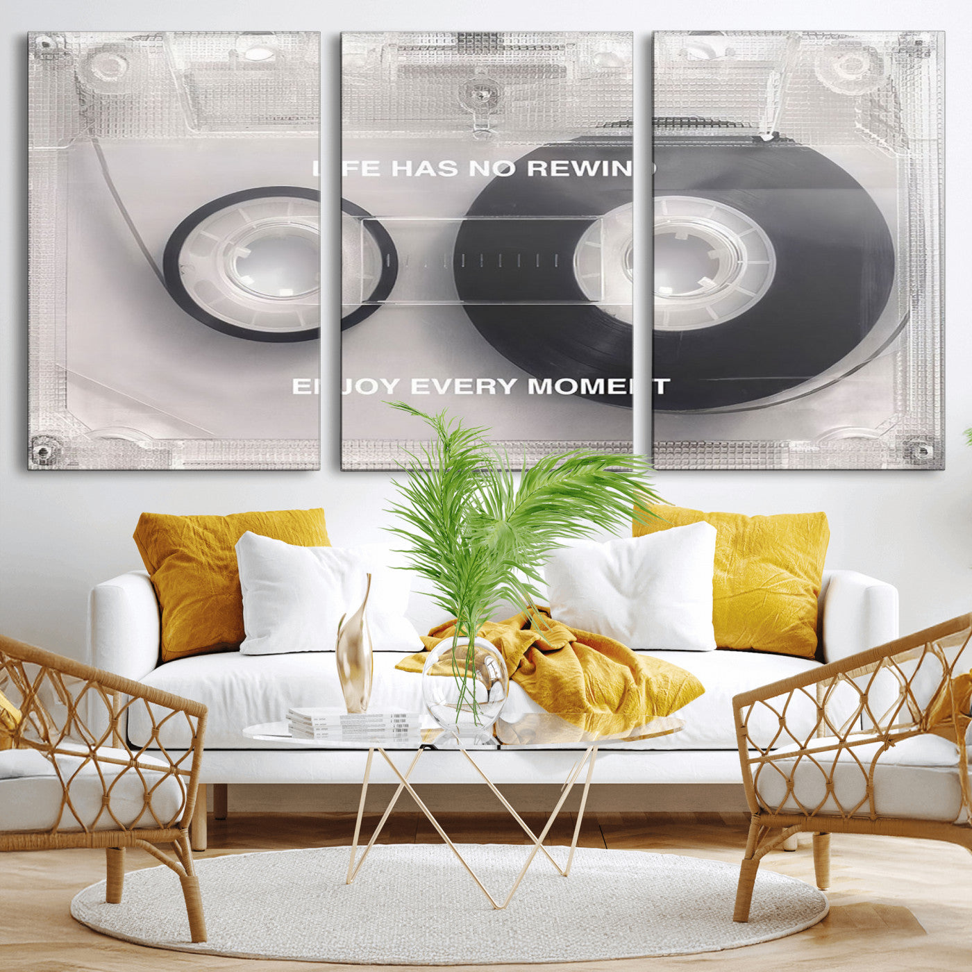 -Vintage Cassette Tape Canvas Wall Art - Inspirational 'Life Has No Rewind' Quote, Retro Music Decor