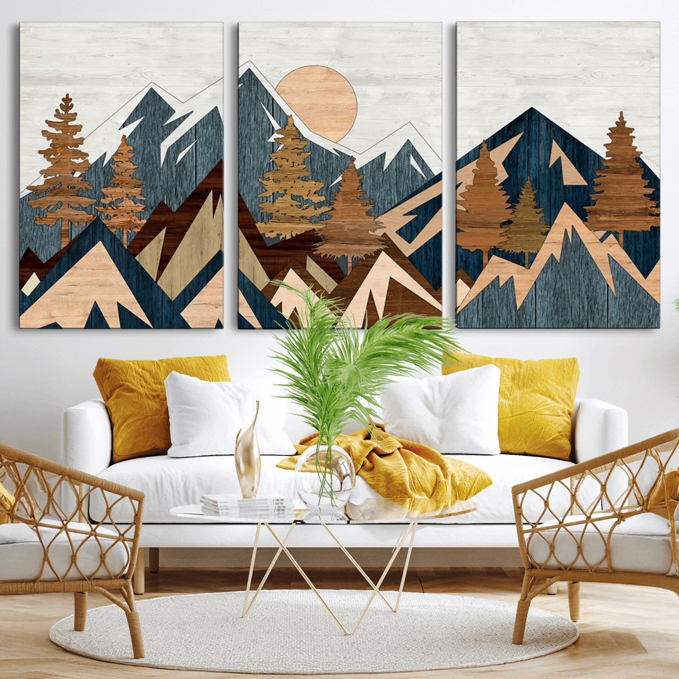 91467-MGV-CV-36X24-Abstract Wood Panel Effect Mountain Range Top Wall Art Canvas Print