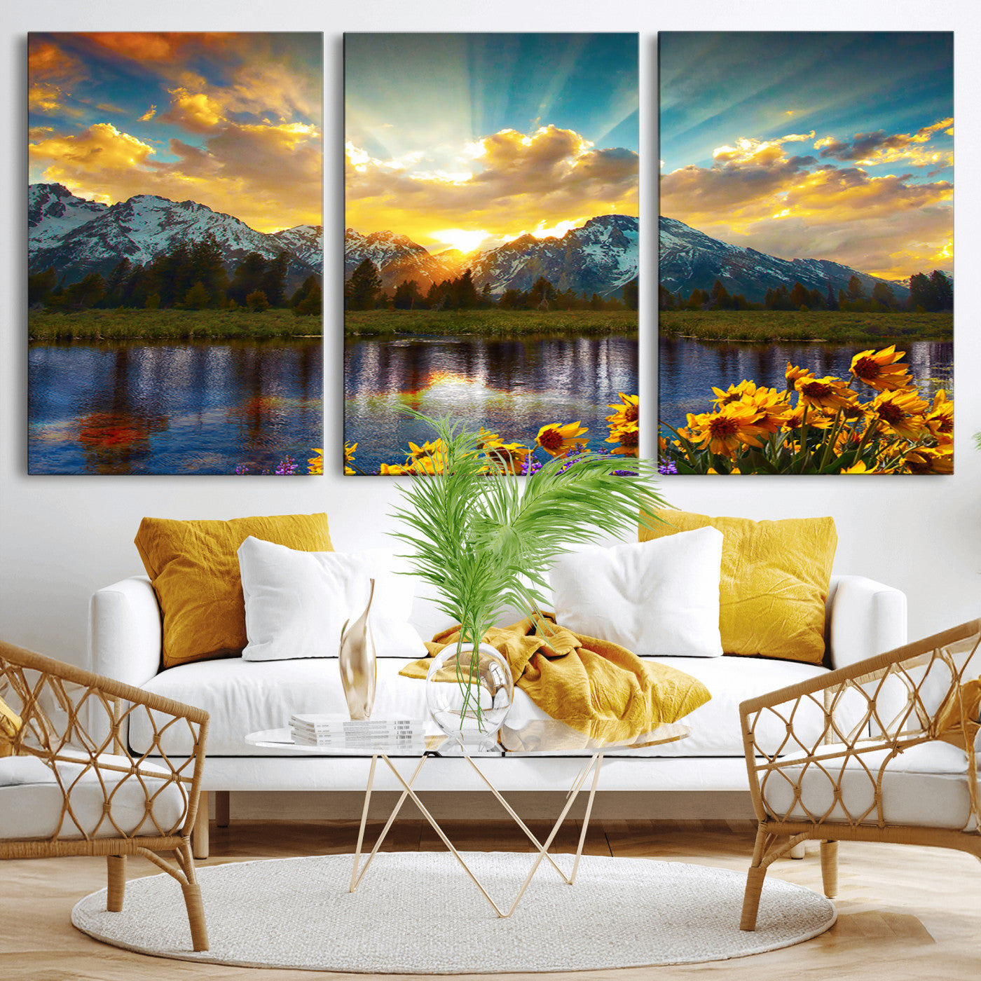 42292-MGV-CV-36X24-Mountain Sunrise Wall Art – Vibrant Landscape Canvas Print with Wildflowers and River Reflection, Nature Scenery Decor for Living Room or Bedroom
