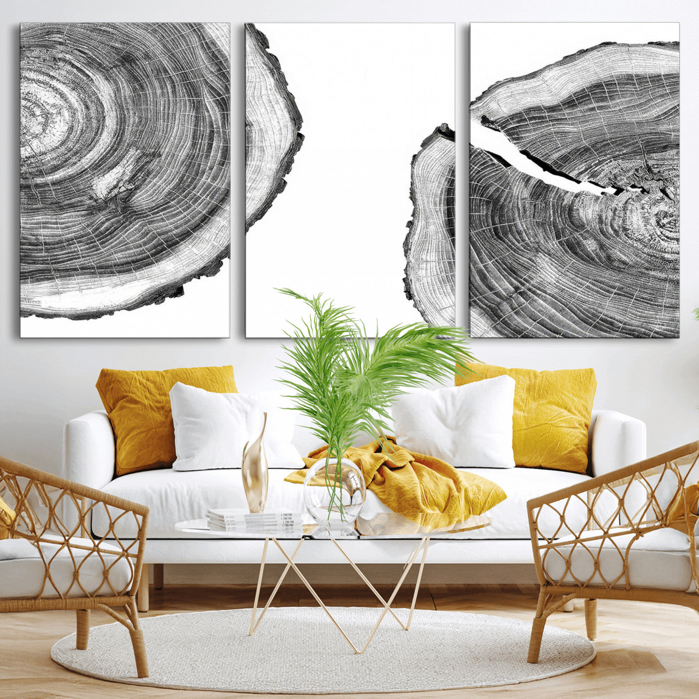 52770-MGV-CV-36X24-Abstract Large Tree Rings – Minimalist Black and White Wood Art | Triptych Canvas, Modern Wall Decor