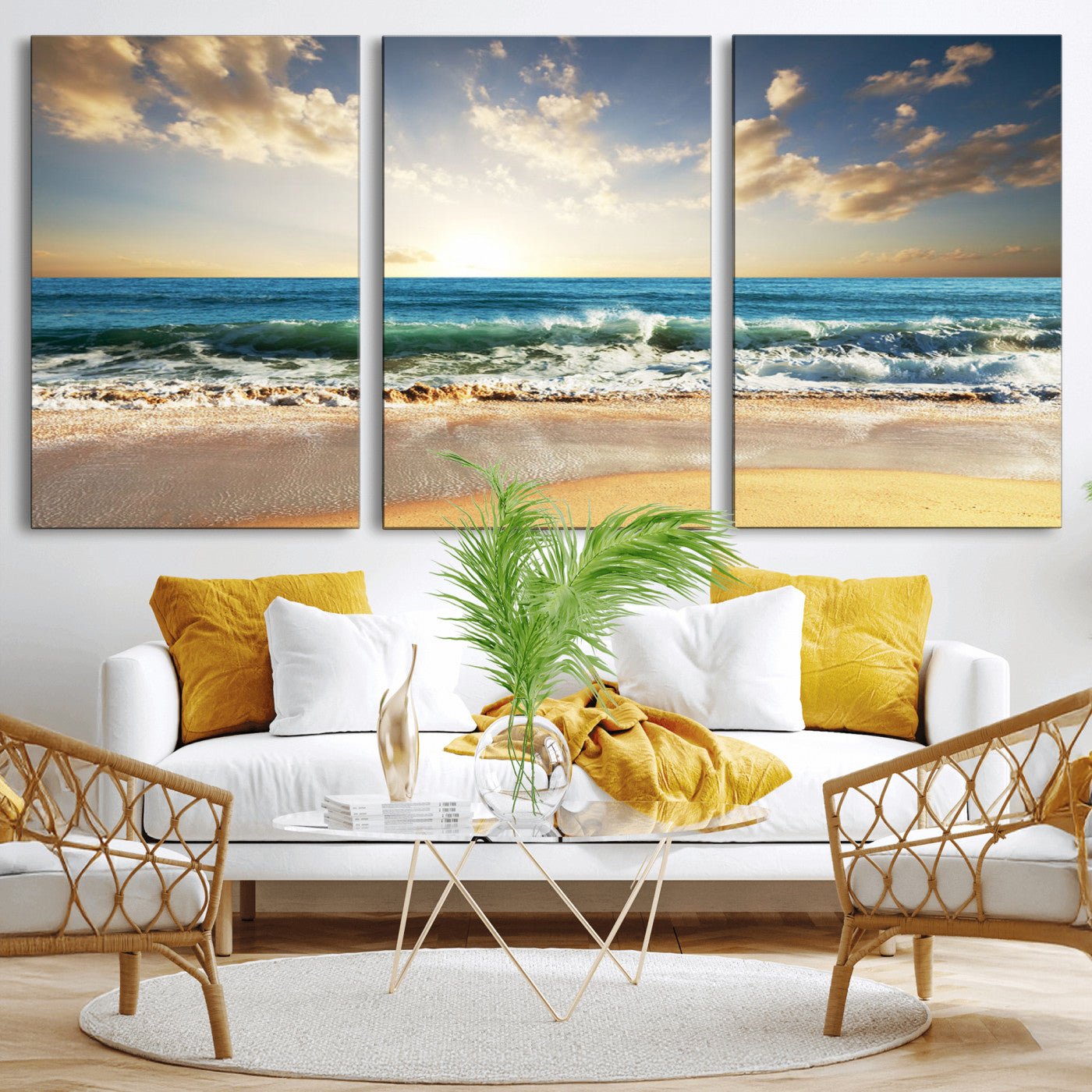 83376-MGV-CV-36X24-Golden Sunset Beach Triptych Canvas Wall Art for Living Room – 3-Panel Ocean View, Framed & Ready to