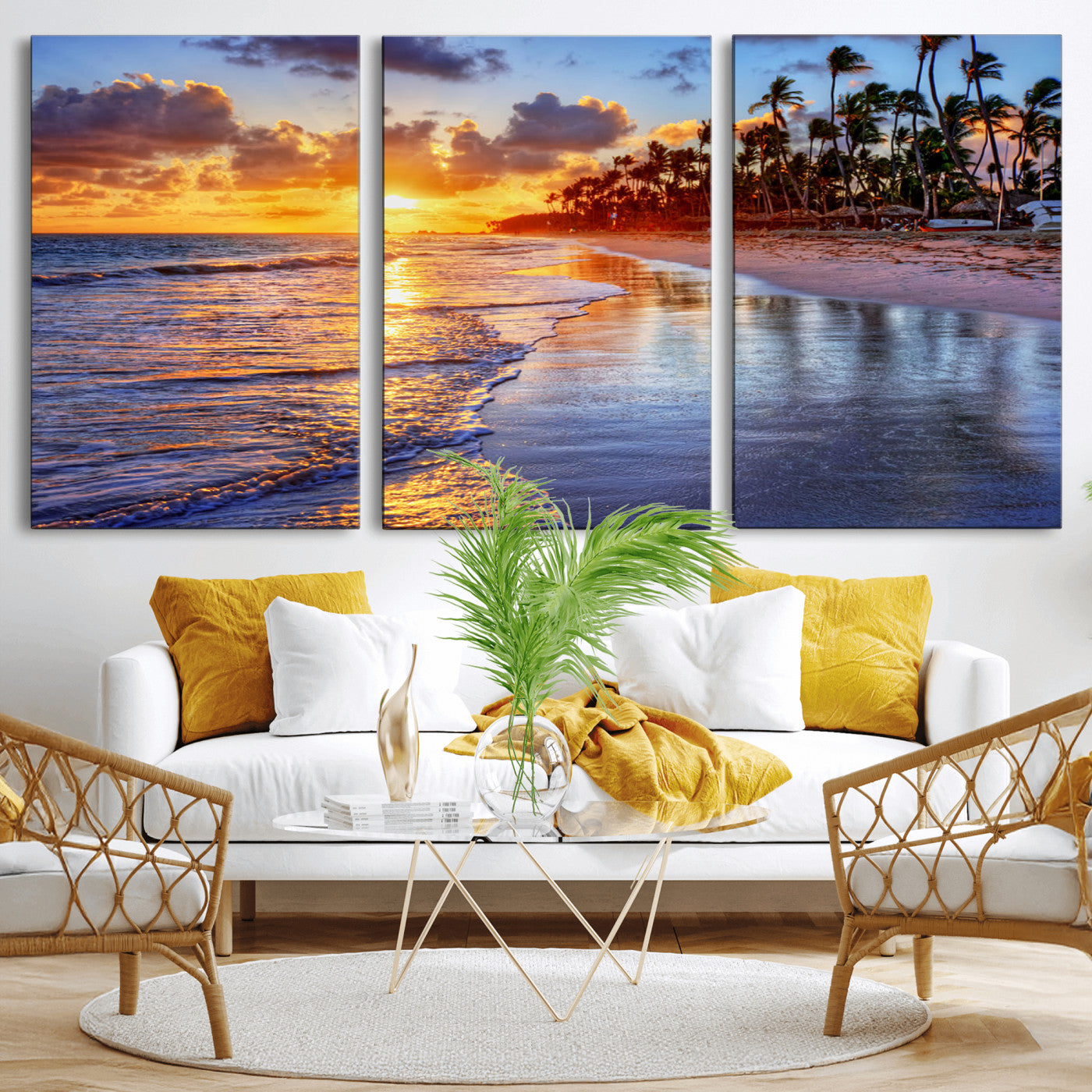 32177-MGV-CV-60X30-3P-Serene Beach Sunset Wall Art Canvas- Coastal Seascape Print for Living Room or Bedroom, Ocean Waves