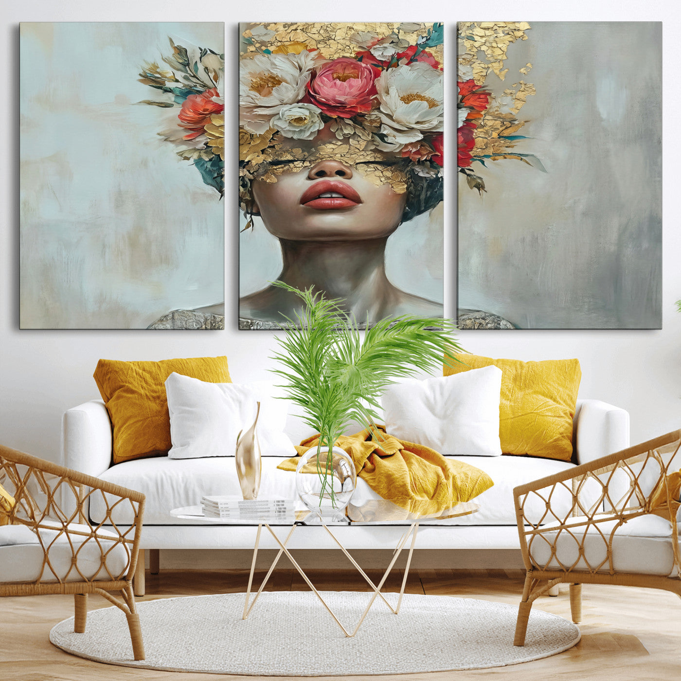 26919-MGV-CV-36X24 - Golden Petal Wall Art Canvas Print - Silhouette Woman Wall Art Canvas Print, Floral Woman Portrait