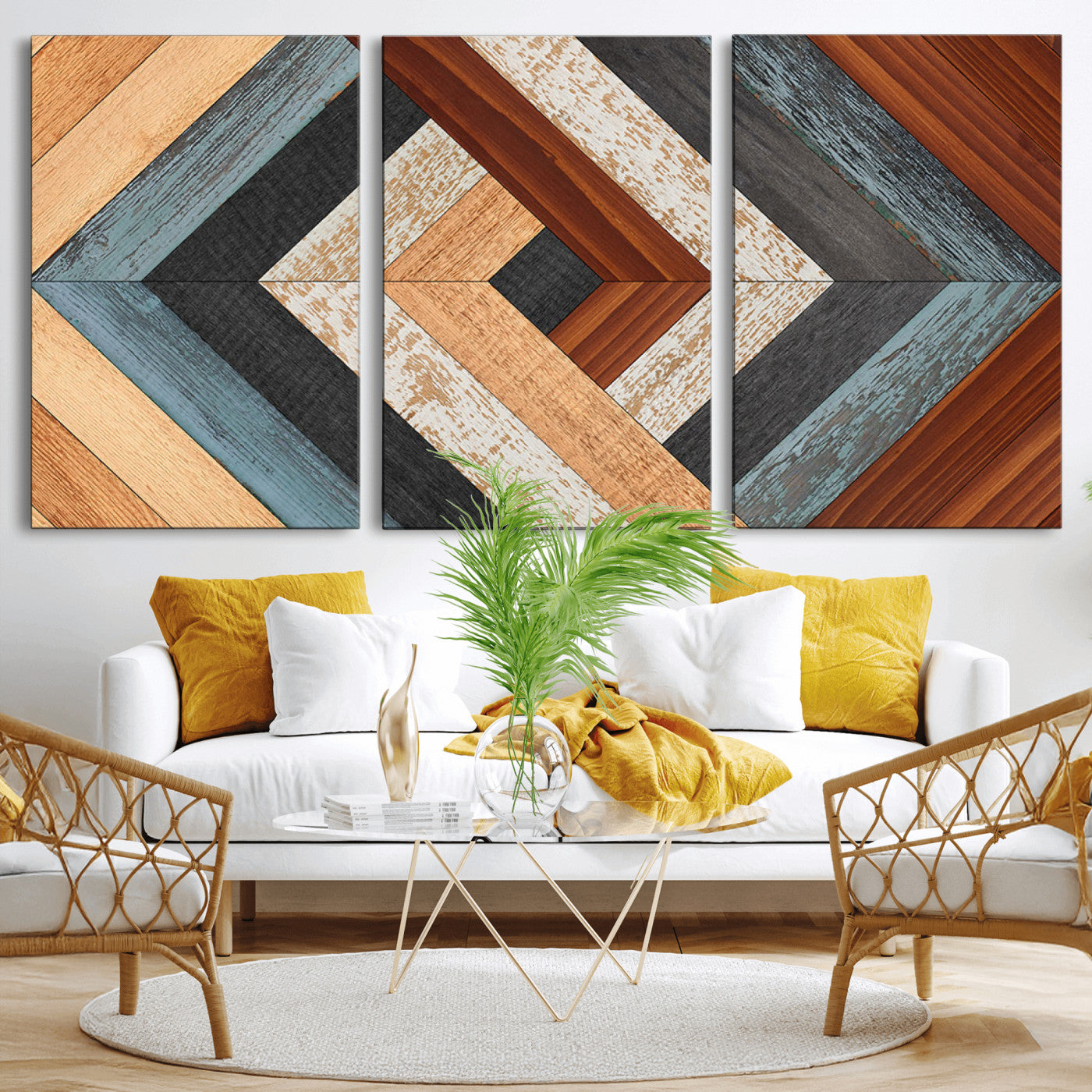 20897-MGV-CV-36X24-Geometric Wood Art Wall Decor Canvas Print, Rustic Wooden Pattern Triptych Wall Art for Living Room