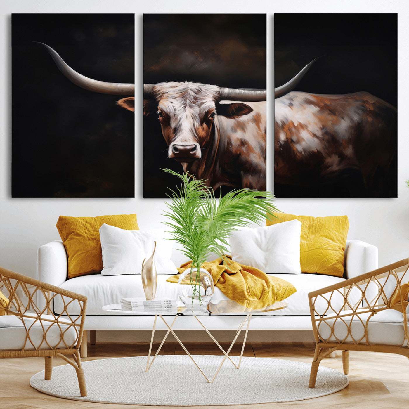 -Texas Longhorn Wall Art Canvas Print | Western Ranch Decor | Bold Rustic Cattle Artwork | Ready to