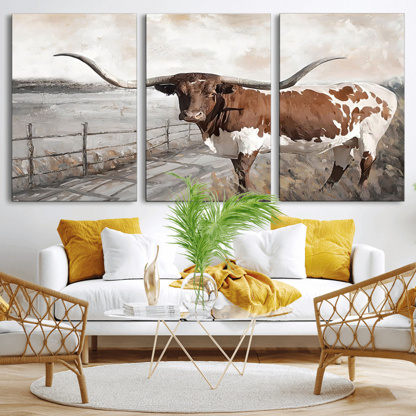 57340-MGV-CV-36X24-Vintage Texas Cow Wall Art Canvas Print, Rustic Longhorn Wall Art | Canvas Print for Farmhouse Decor