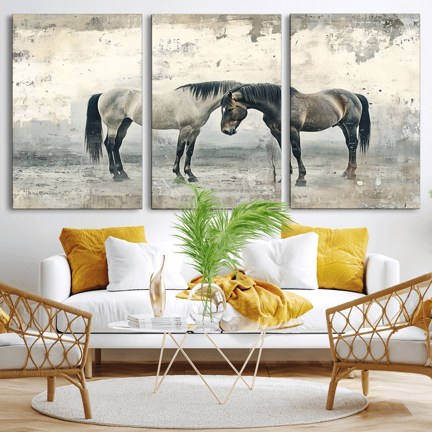 -Chines Style Majestic Horses Wall Art | Ready to Hang and Framed Triptych Print | Western Farmhouse