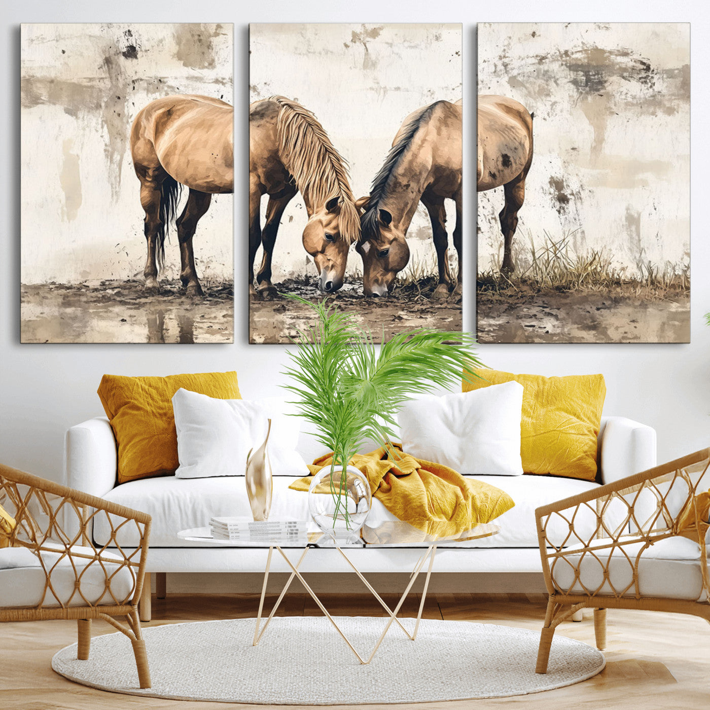 -Vintage Horses Wall Art | Ready to Hang and Framed Triptych | Western Farmhouse Wall Decor for