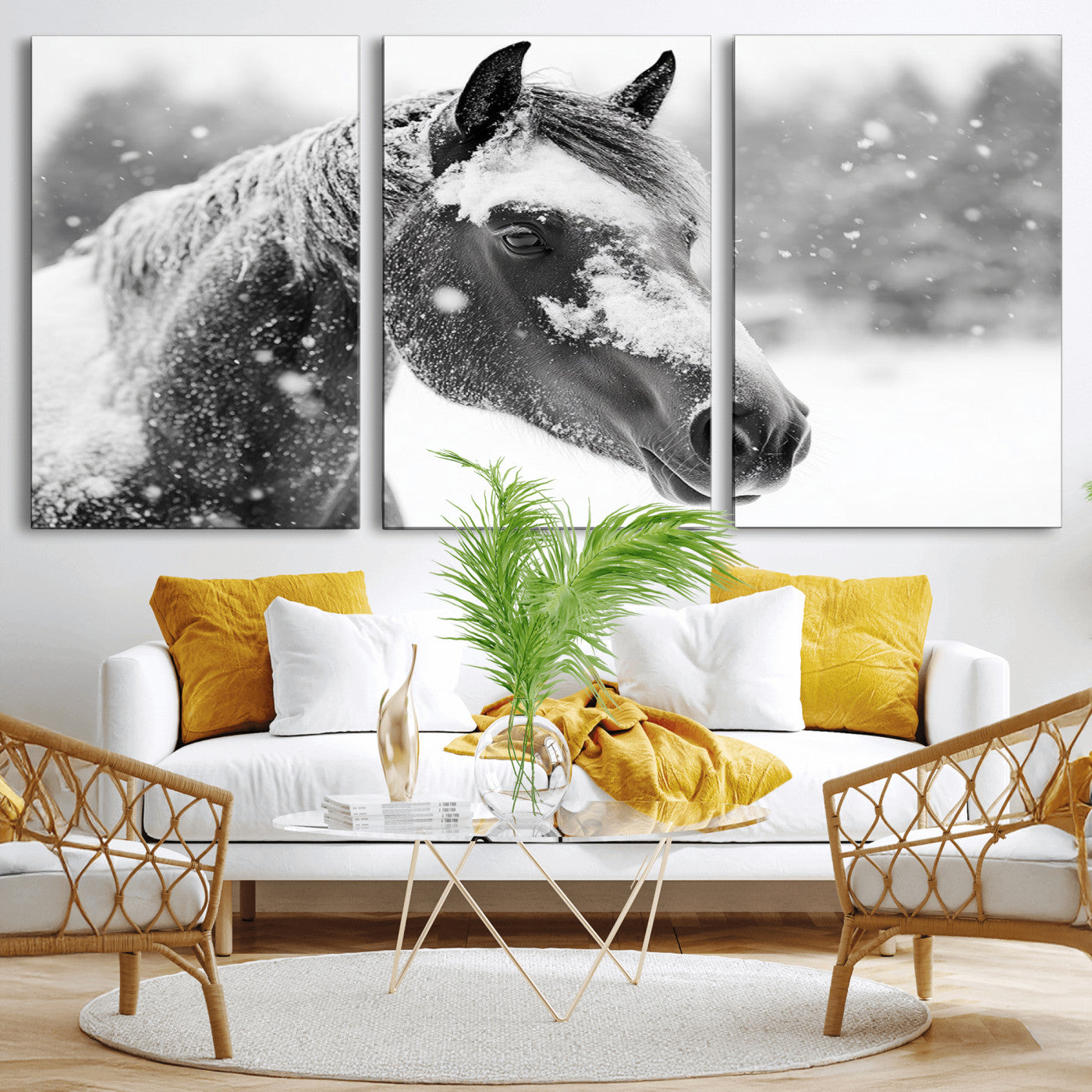 13358-MGV-CV-36X24-Black Horse Winter Wall Art | Ready to Hang and Framed | Farmhouse and Western Wall Decor for Living Room