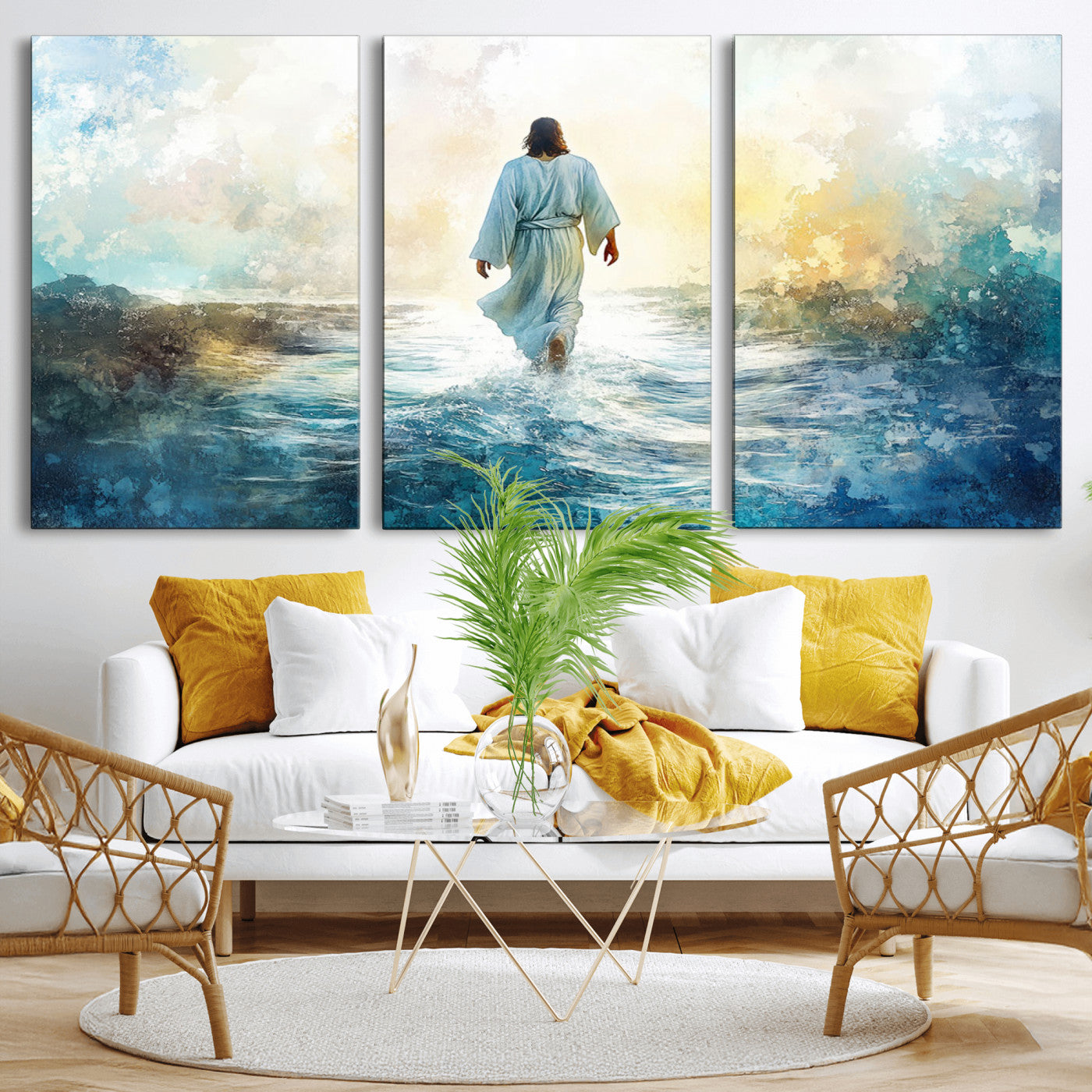 -Watercolor Jesus Walking on Water Canvas Print, Christian Wall Art, Jesus Christ Walking