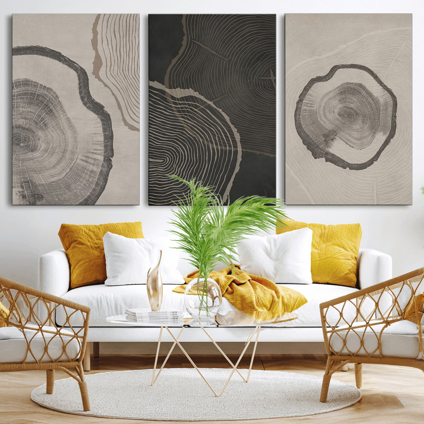 25407-MGV-CV-36X24-Modern Abstract Tree Ring Canvas Art Set | 3 Panel Large Tree Ring Design for Living Room, Office,