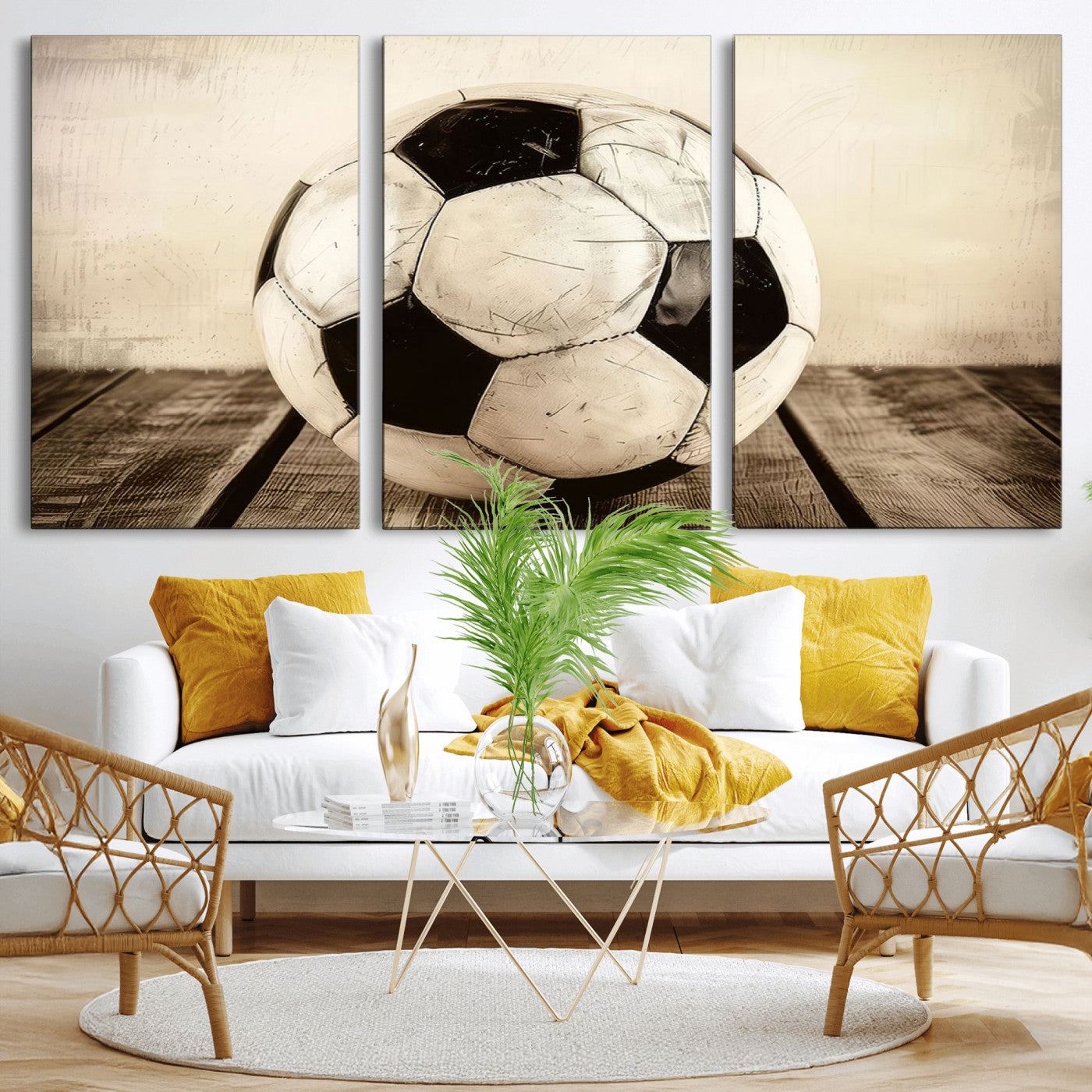 -Vintage Soccer Ball Wall Decor Canvas Art – 3-Panel Soccer Wall Decor, Framed and Ready to Hang