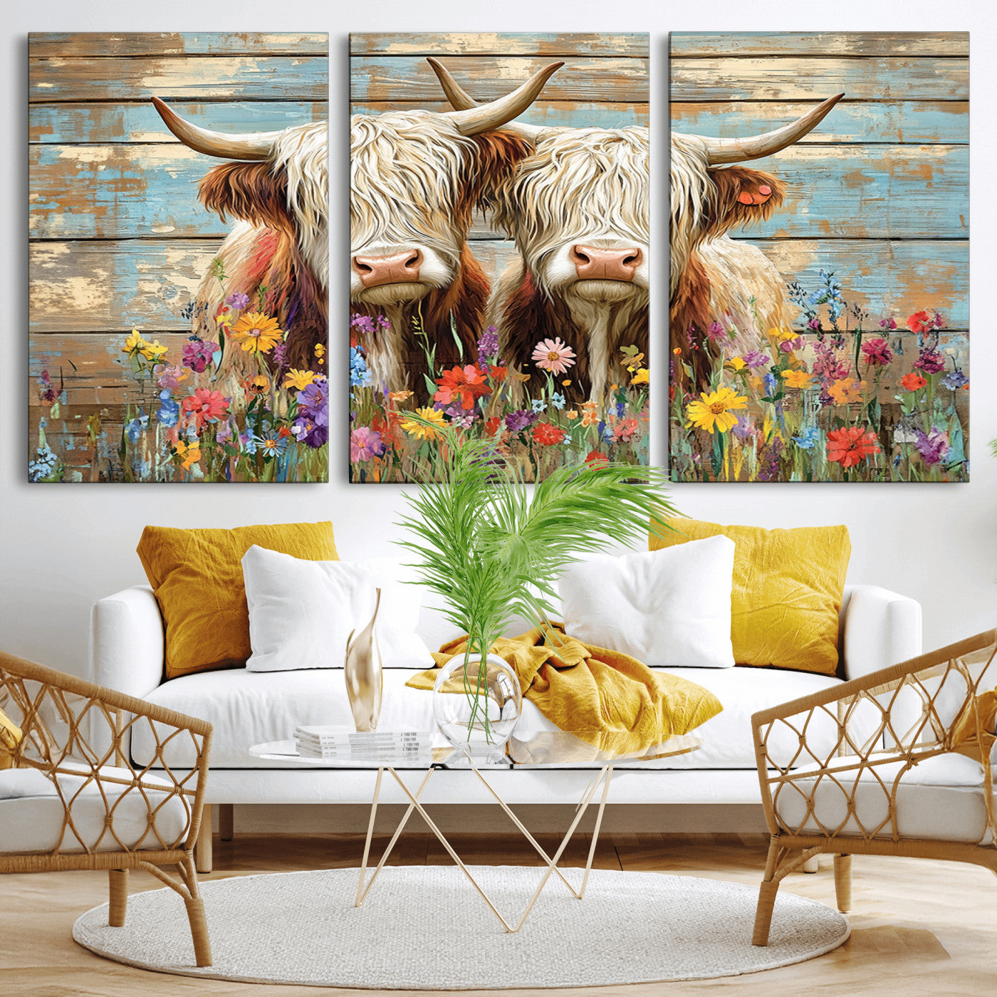 -Cute Highland Cow Canvas Wall Art - Rustic Farmhouse Decor with Colorful Flowers Perfect Wall Art