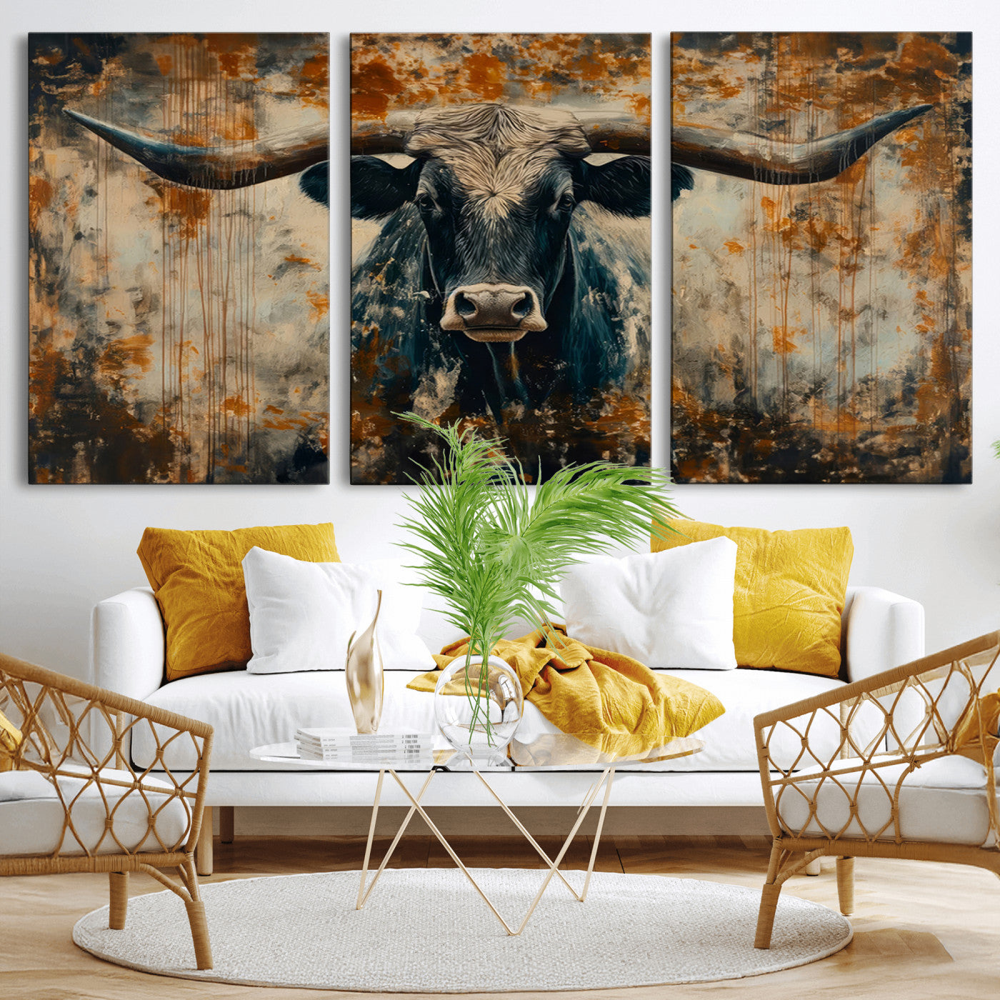 -Longhorn Wall Art – Rustic Western Bull Canvas Print, Modern Farmhouse Animal Decor for Living Room, Office, or Ranch House