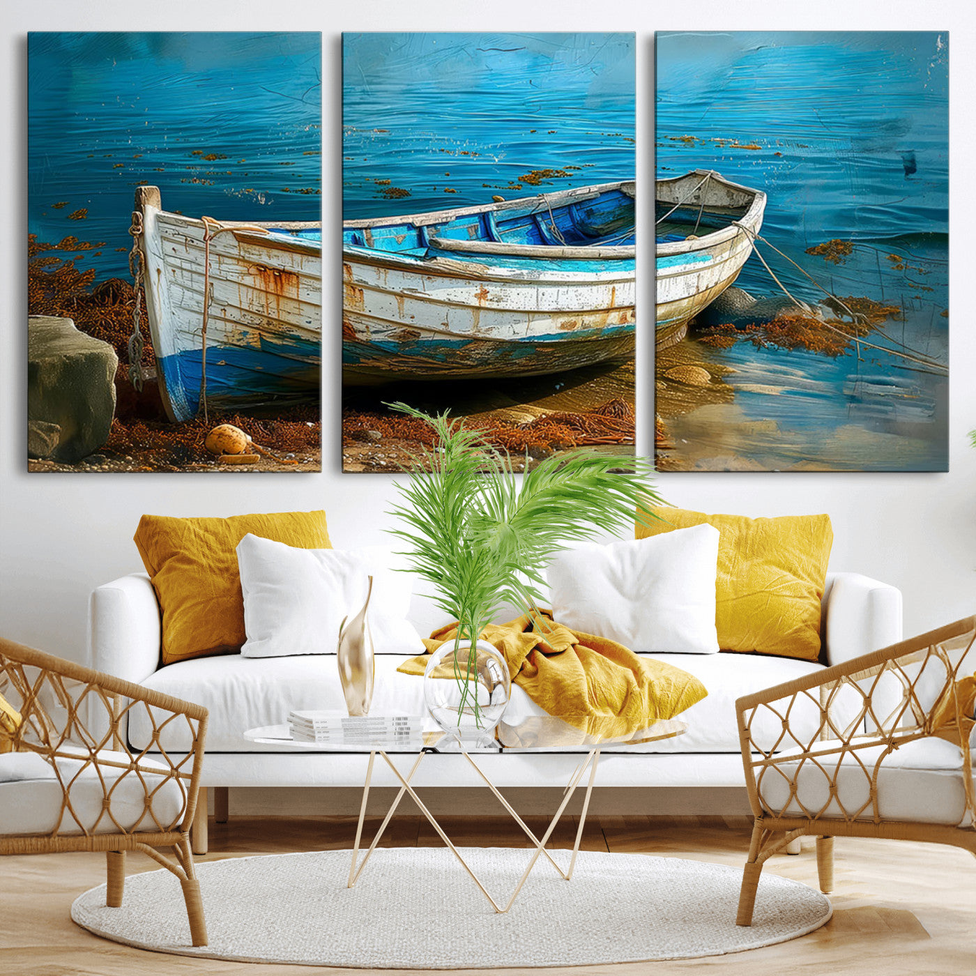 54716-MGV-CV-36X24-Vintage Boat on Tranquil Waters | Coastal Wall Art for Nautical Decor | Rustic Triptych Canvas Print