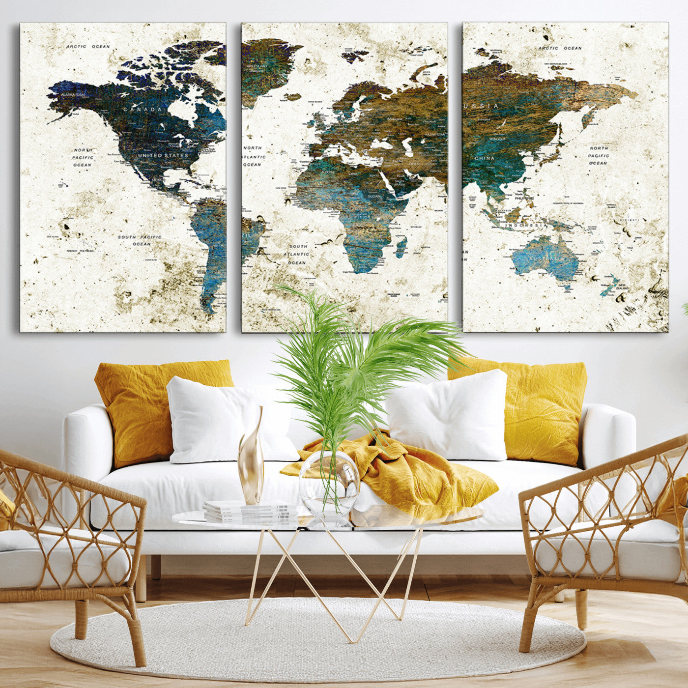 89176-MGV-CV-36X24-Vintage Blue and Brown World Map Canvas Wall Art – Framed Rustic Map Print, Earth Tone Travel Decor for Stylish Home and Office Walls
