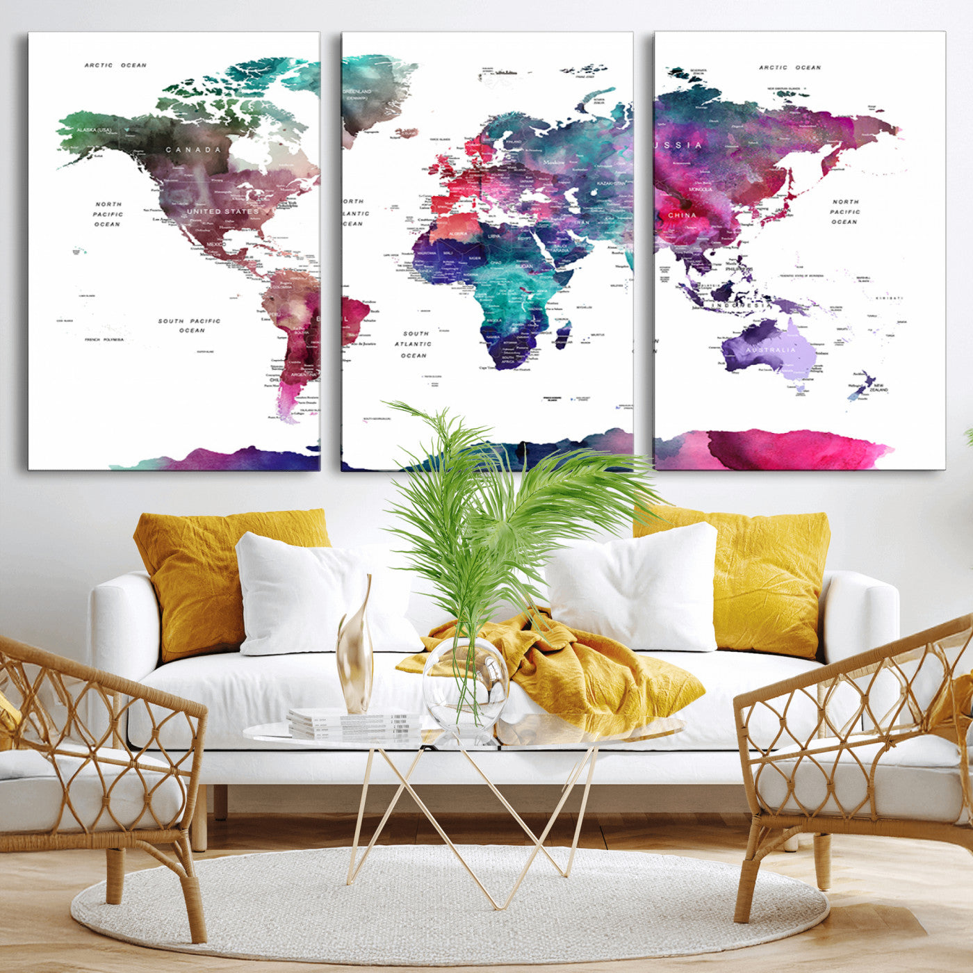 78176-MGV-CV-36X24-Colorful Watercolor World Map Canvas Wall Art – Framed Modern Map Print, Vibrant Travel Inspired Artwork for Home and Office Decor