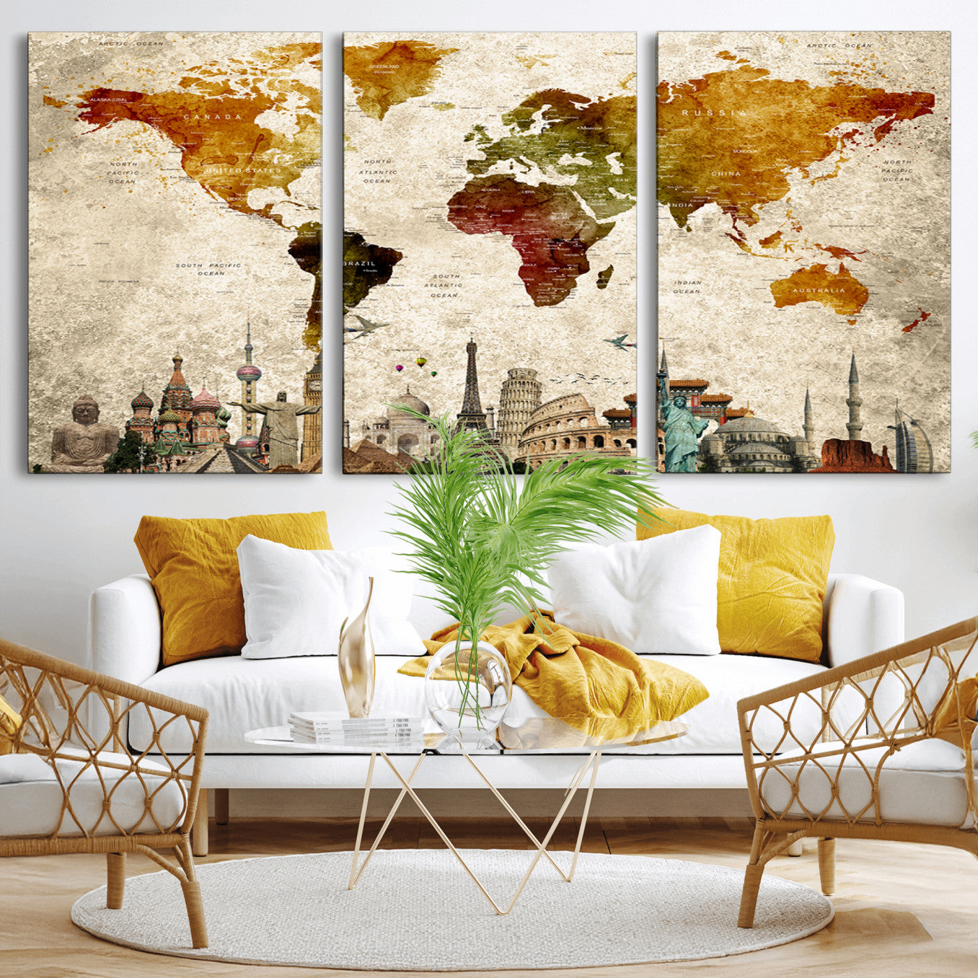 -Push Pin World Map Canvas Print – Framed Travel Map Wall Art for Couples, Anniversary Gift, Modern Home or Office Decor