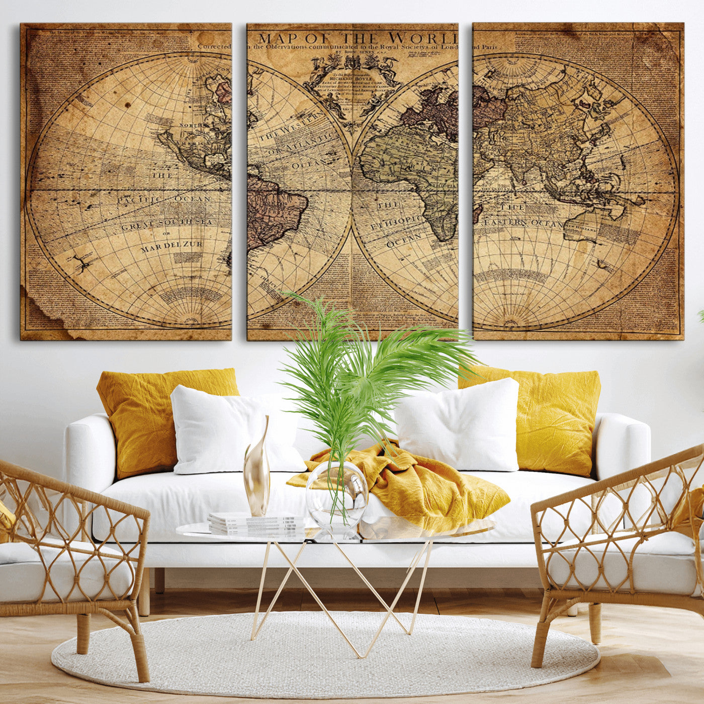 -Vintage World Map Wall Art Canvas – Antique Style Push Pin Travel Map, Framed Decorative Wall Decor for Home, Office