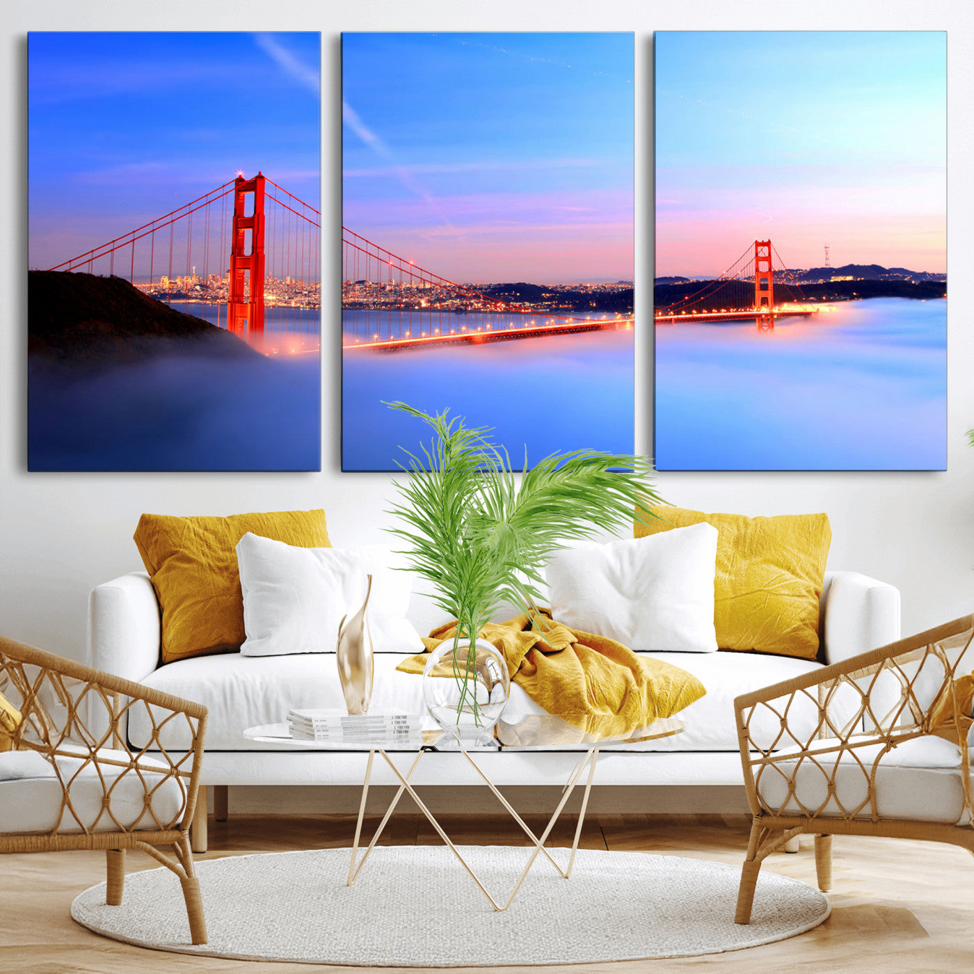 MGV-CV-60X30-3P - Golden Gate Bridge Wall Art Print, San Francisco Sunset Canvas Wall Art, Cityscape Canvas Print for