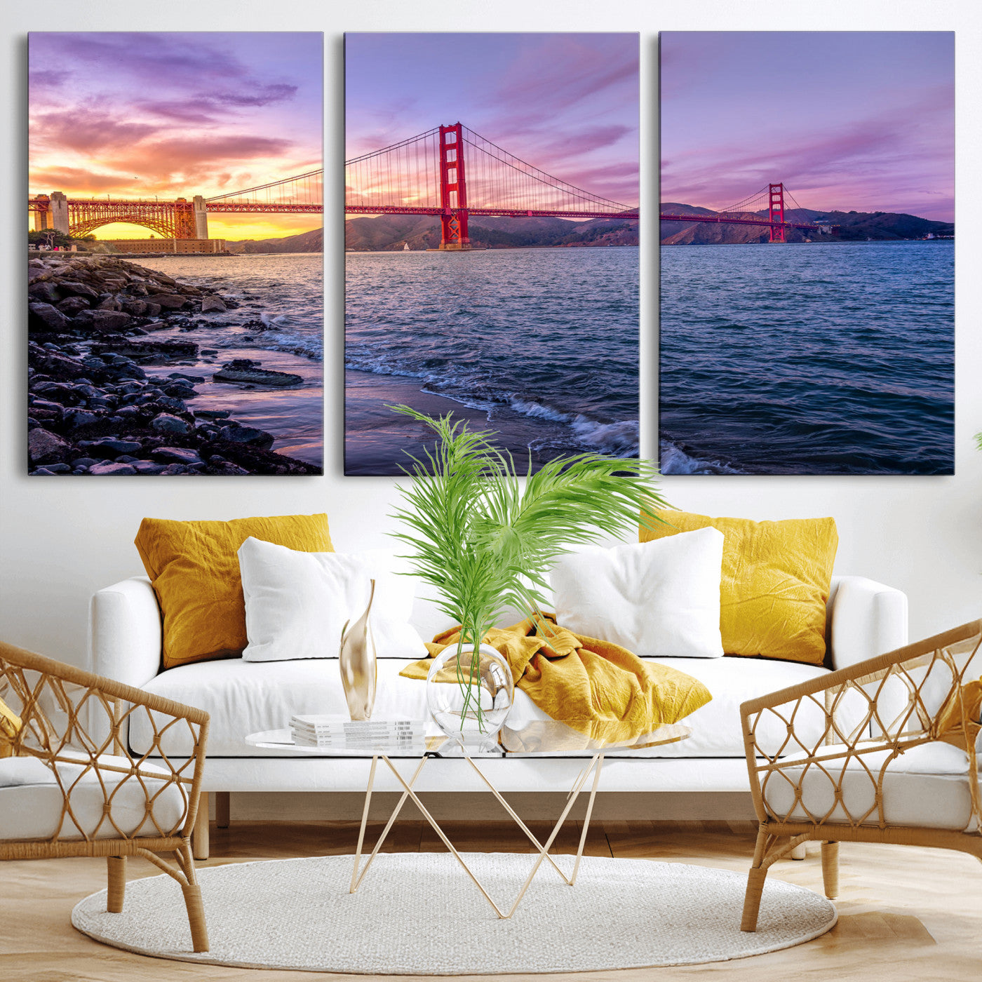 24256-MGV-CV-36X24 - Golden Gate Bridge Wall Art Print, San Francisco Sunset Canvas Wall Art, Cityscape Canvas Print for