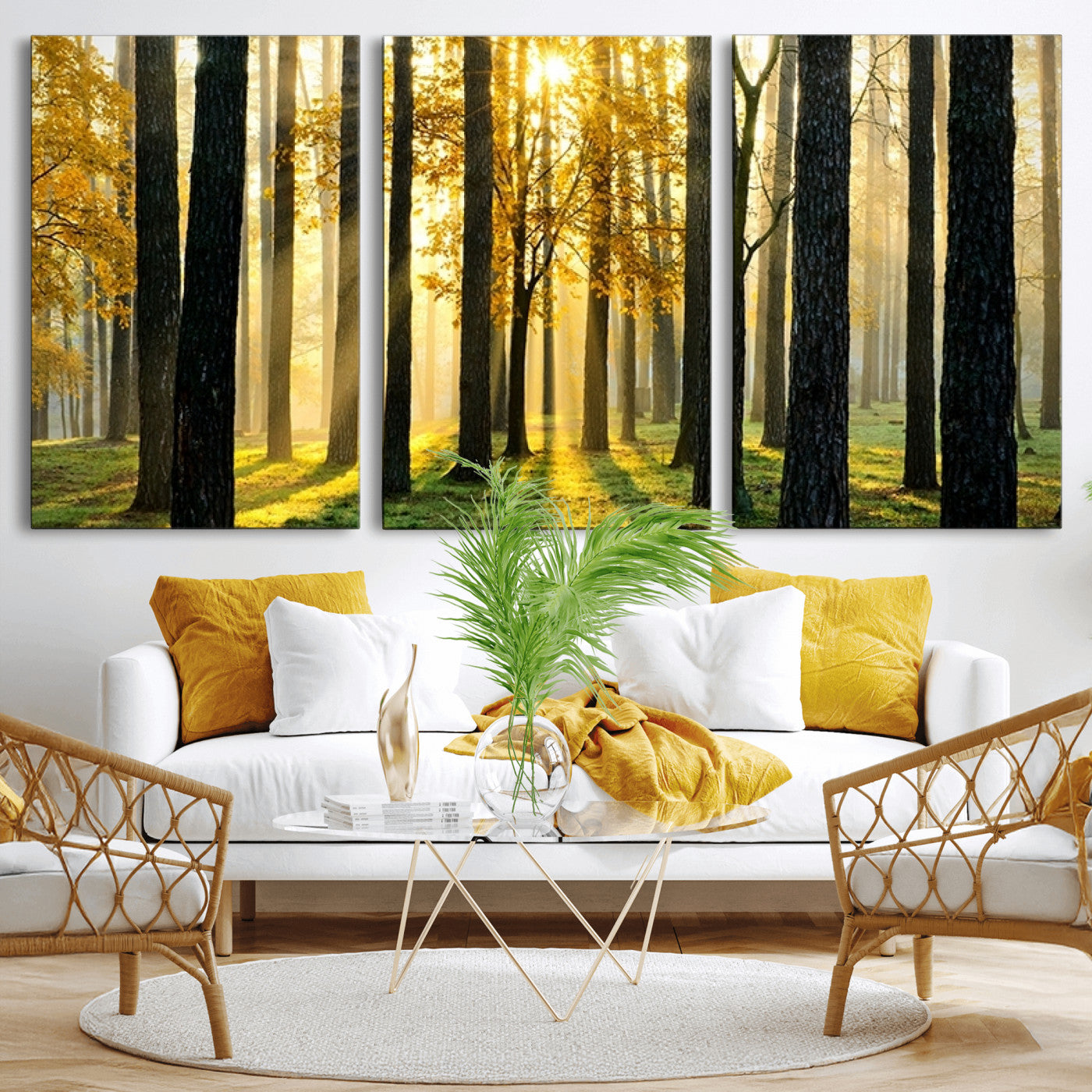 60024-MGV-CV-36X24-Sunlit Forest Wall Art Canvas Print – Large Framed Woodland Landscape Artwork for Home, Office, Living Room