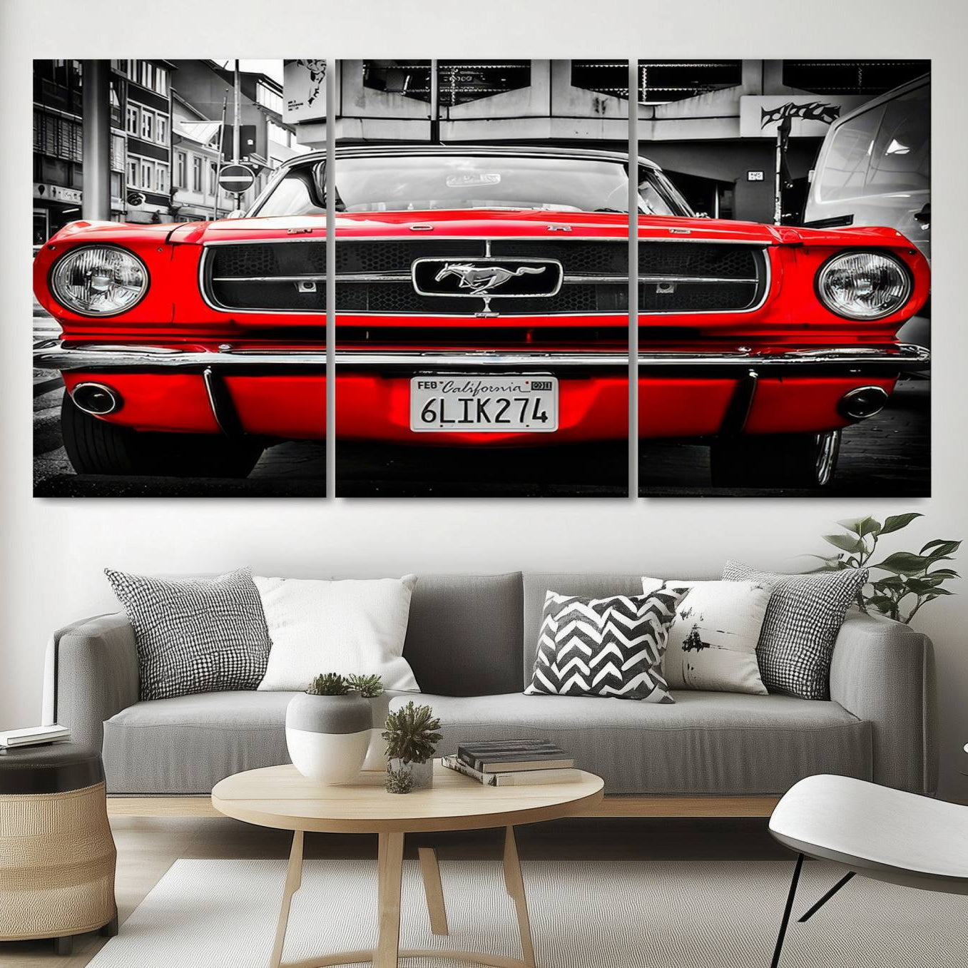 20365-MGV-CV-48X32-3P-Red Mustang Car Wall Art – Framed Classic Vehicle Canvas Artwork, Black White Urban Design, Decor for Home, Office
