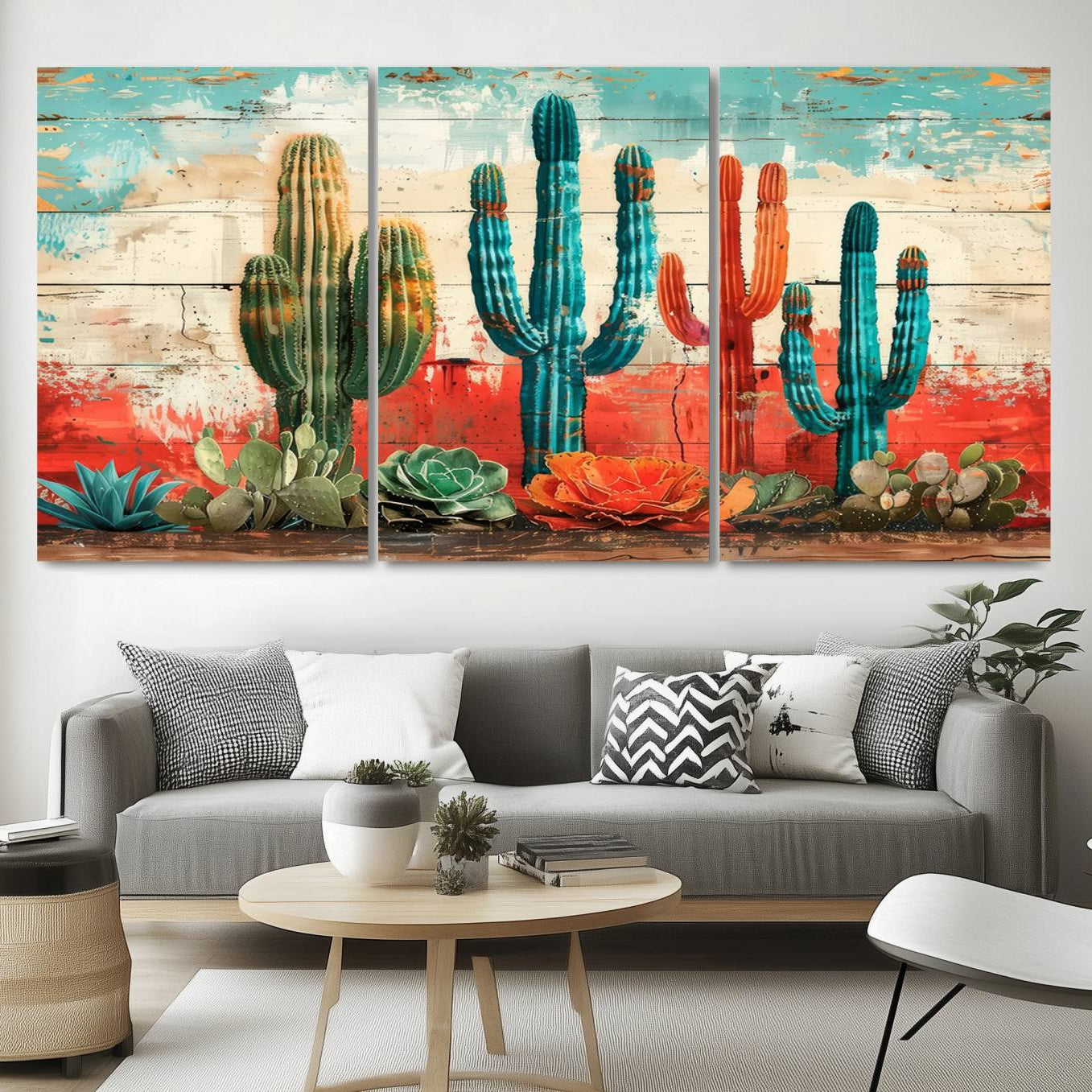 A vivid southwestern-style artwork featuring an eclectic mix of cacti and succulents painted against a textured, rustic wood backdrop in rich turquoise, red, and orange hues.
