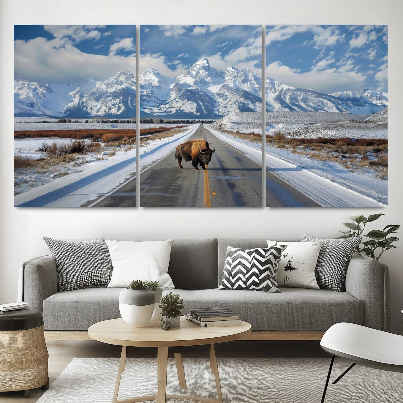 A powerful bison stands on a snow-dusted road beneath the towering peaks of the Grand Tetons, capturing the untamed beauty of America's winter wilderness.