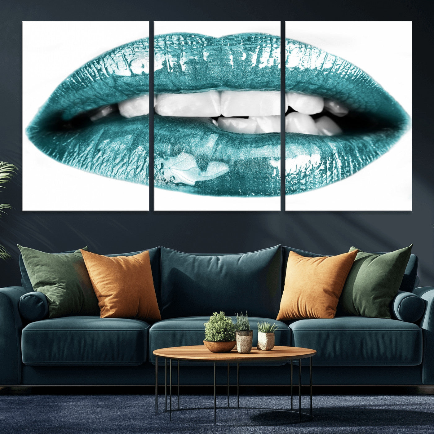 -Blue Lips Wall Art Canvas Print