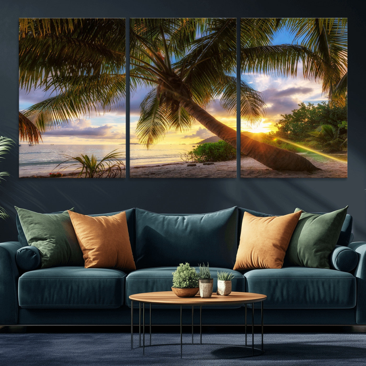 -Tropical Island Sunset on the Beach Palms Wall Art Canvas Print