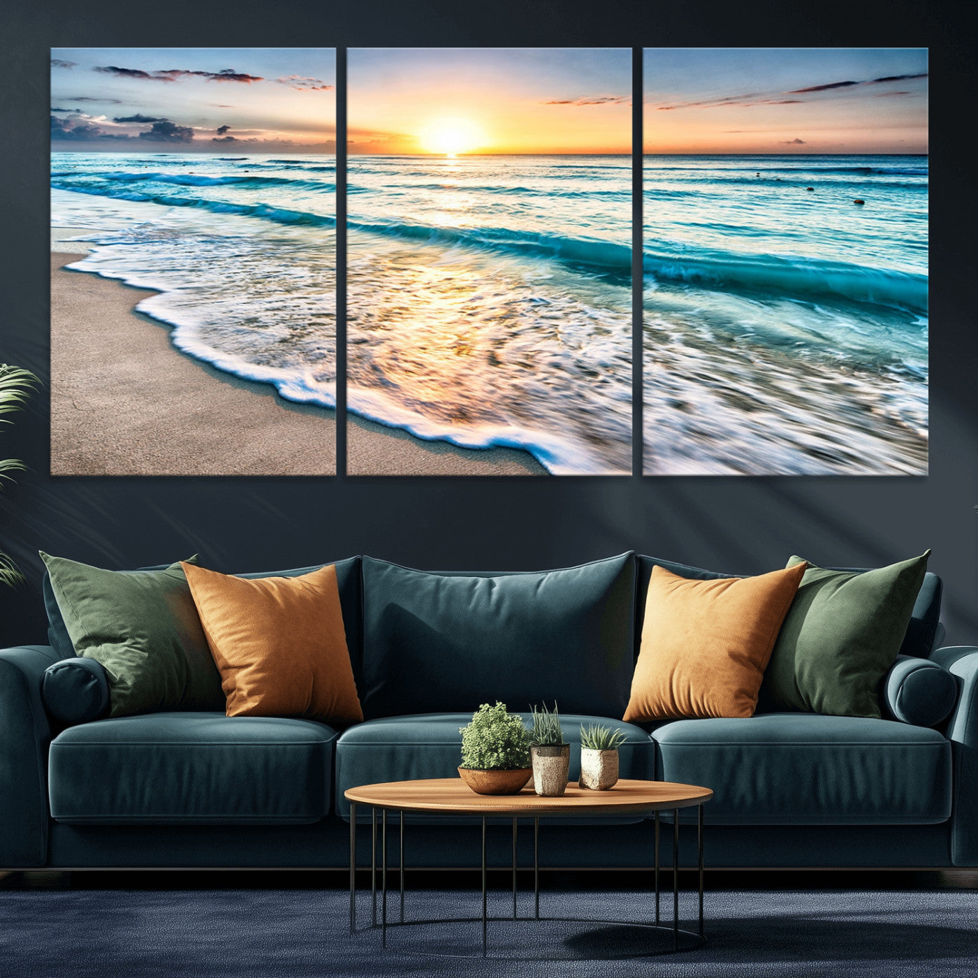 -Sunset Beach Waves Canvas Wall Art – 5-Panel Ocean Sunset Print – Coastal Decor for Living Room or