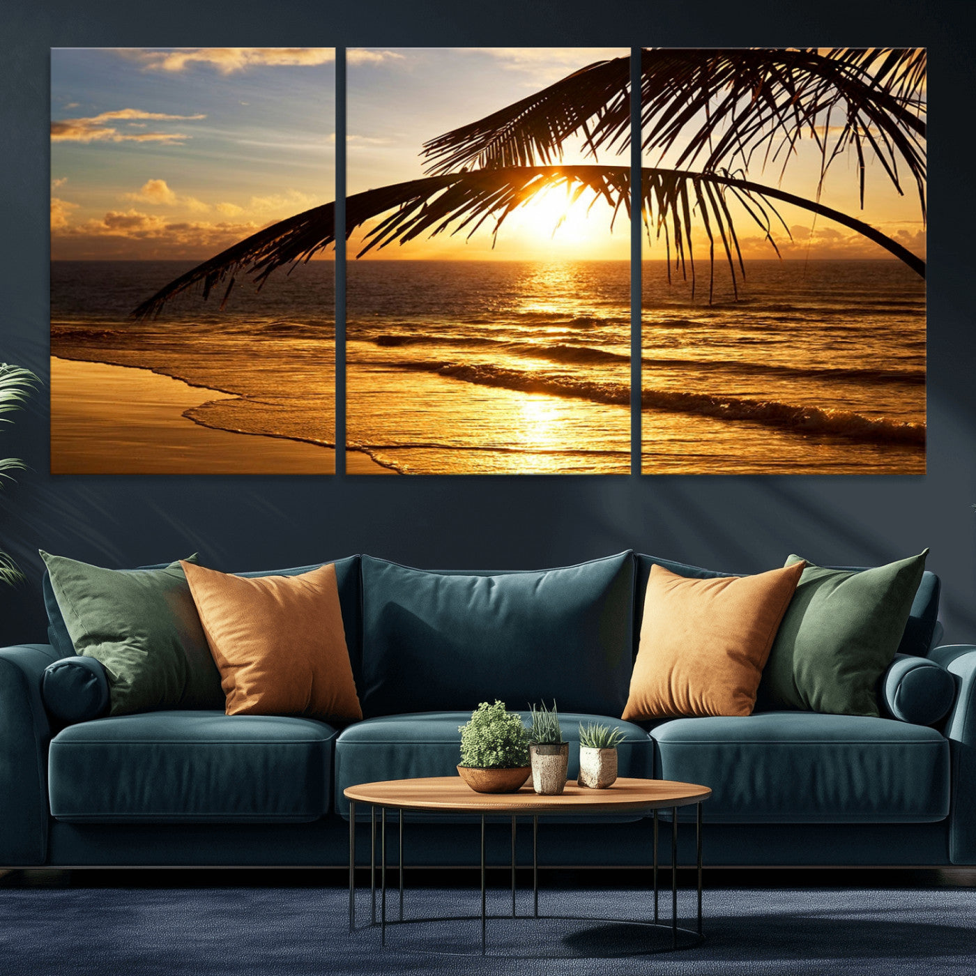 -Golden Tropical Beach Sunset Canvas Triptych, Coastal Palm Tree Wall Art, Ocean Shoreline Giclee